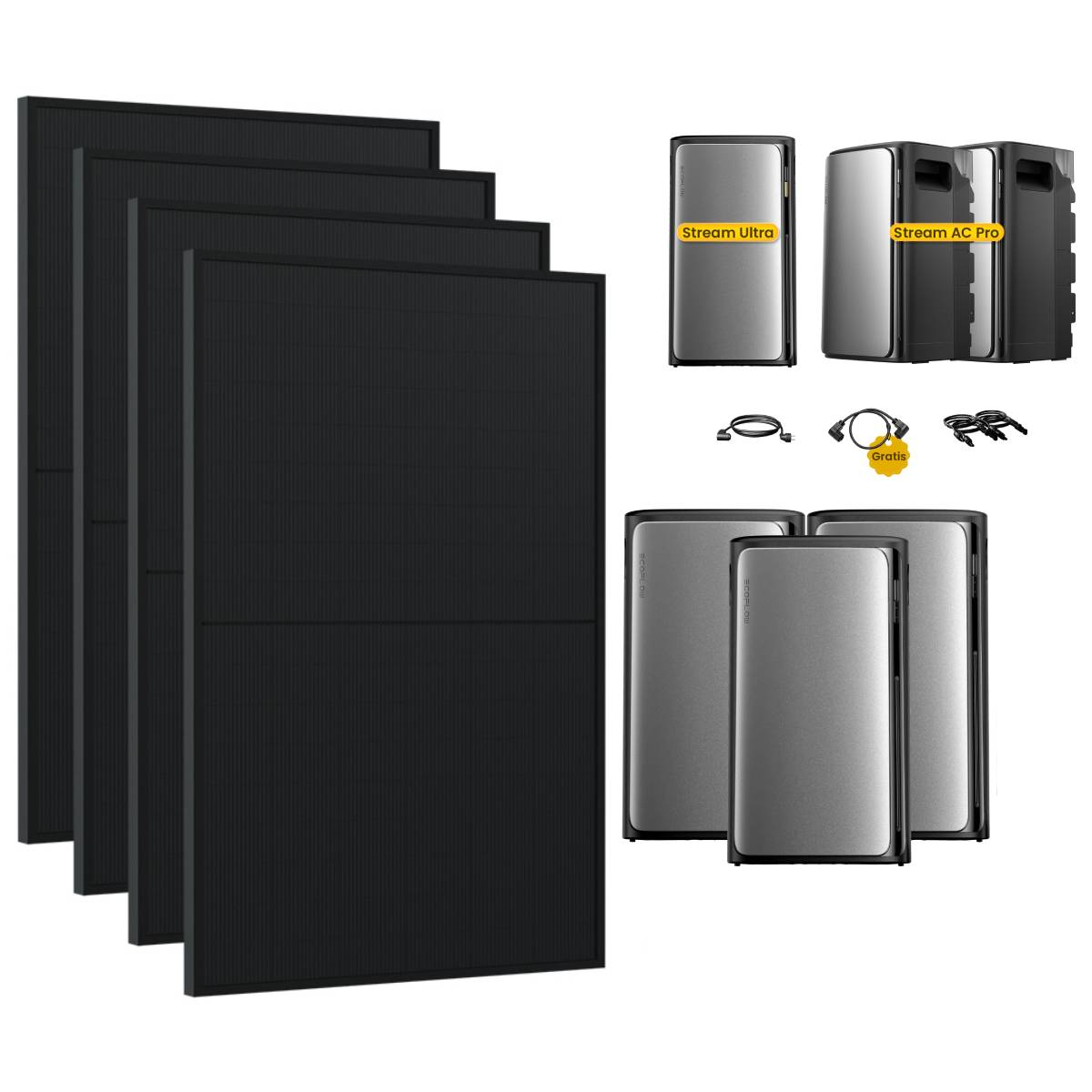 Vier zwarte zonnepanelen en diverse draagbare energiecentrales met accessoires.