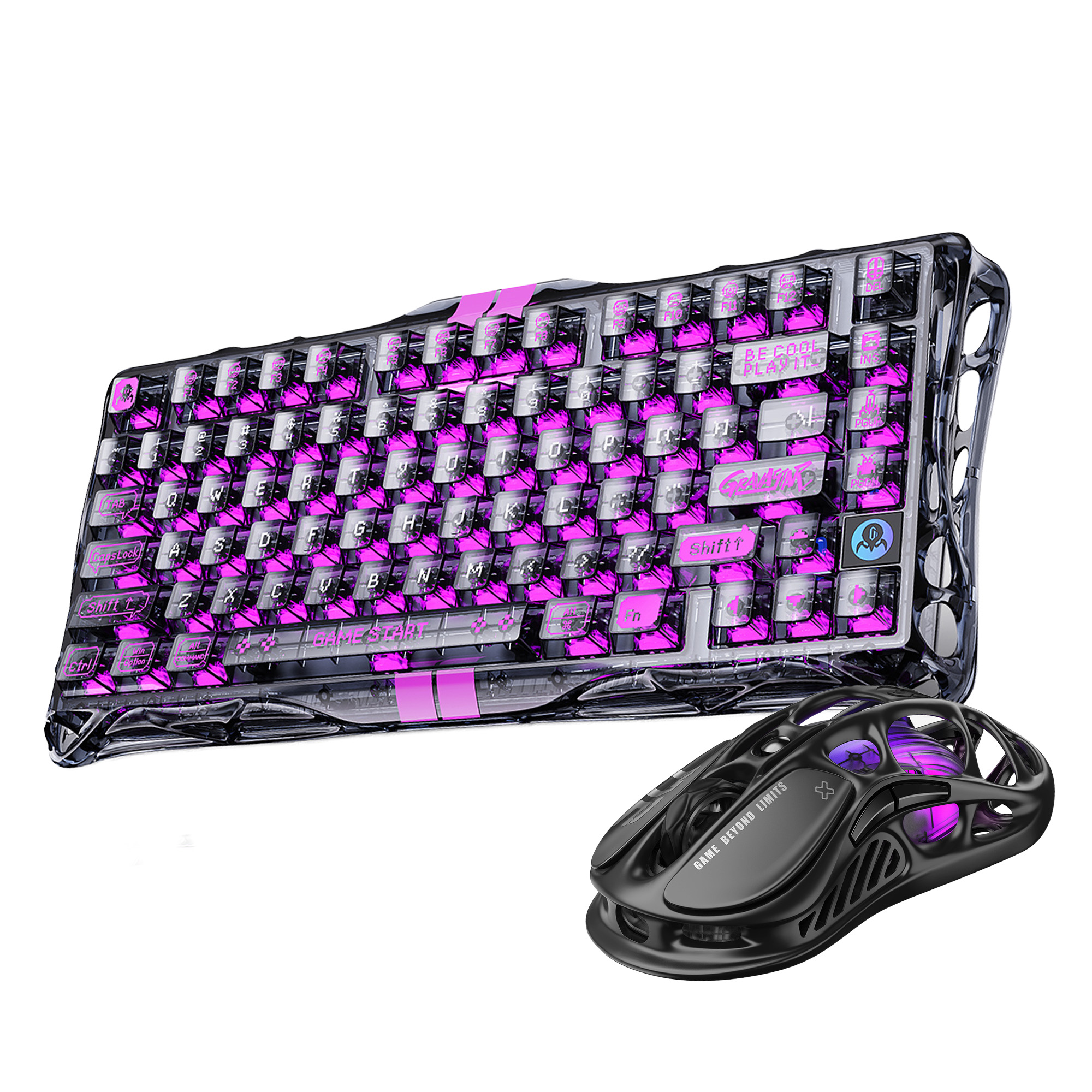 GRAVASTAR Mercury V75 Lite  Hall Effect, Rapid Trigger 8.000 Hz Kablolu Manyetik  + M2 26.000 D Gaming Kablolu,Kablosuz, Bluetooth, Wireless Klavye ve Mouse Seti Transparent Black