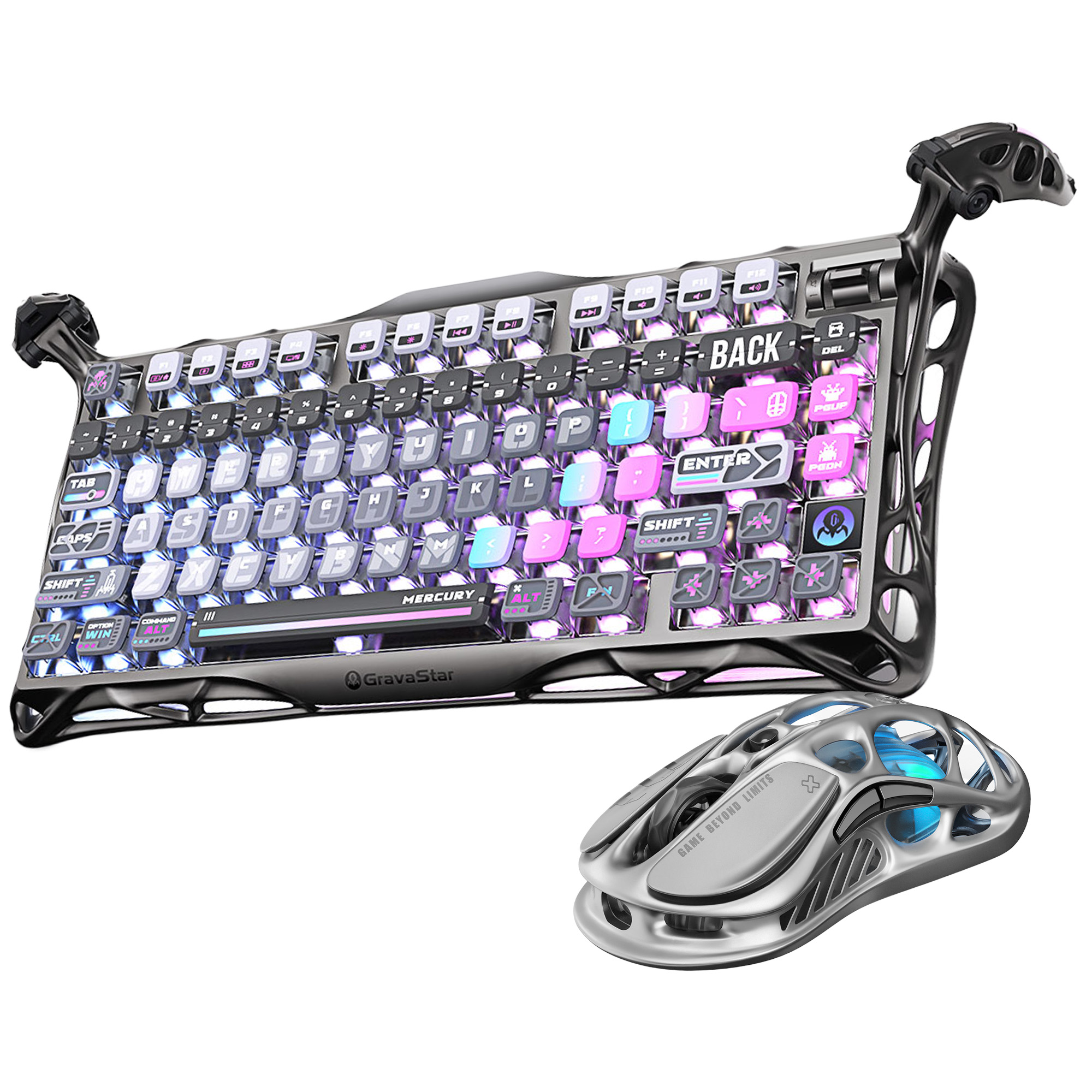 Fütüristik tasarımlı gümüş RGB oyuncu klavyesi ve uyumlu fare.