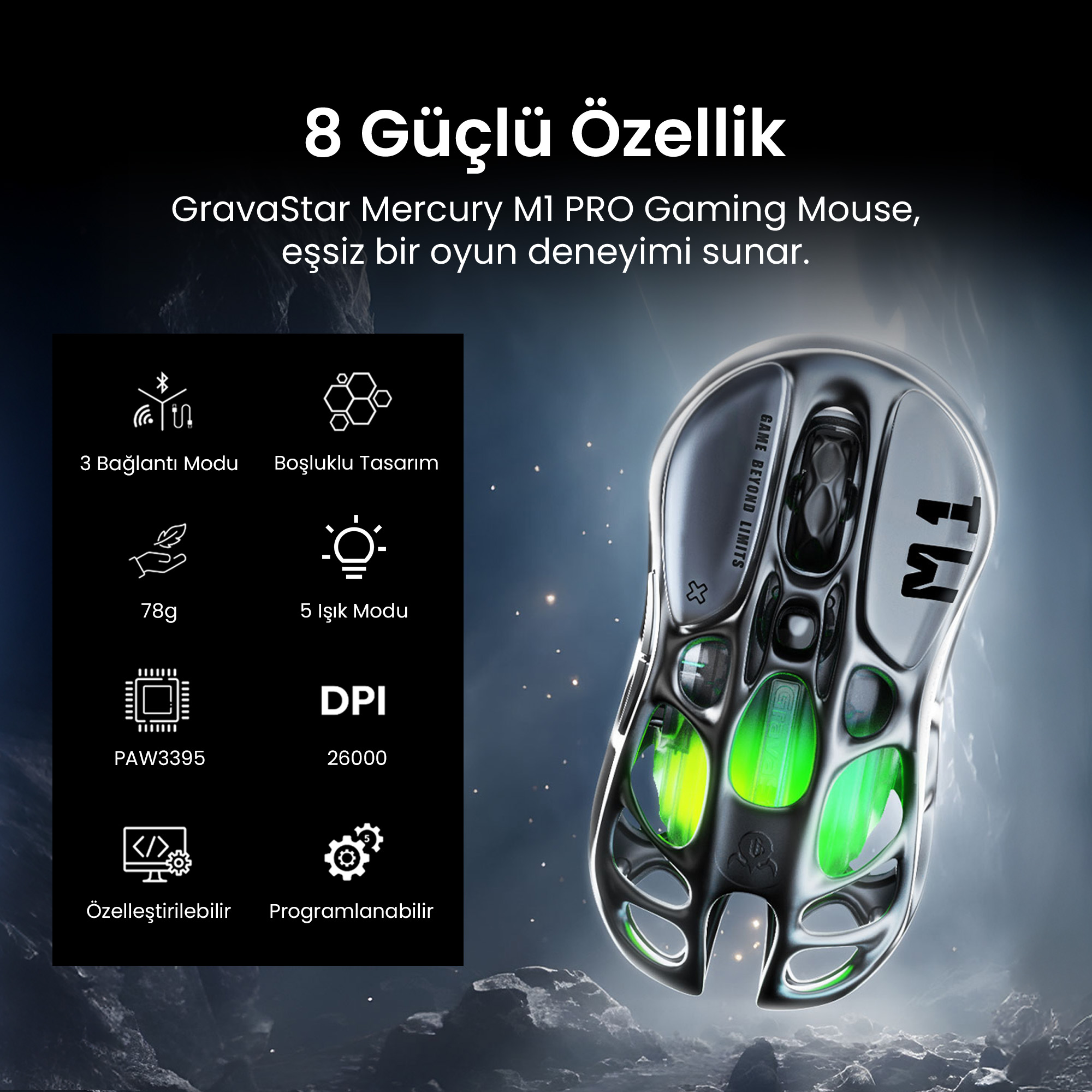 8 özellikli, iskelet tasarımlı, yeşil aydınlatmalı oyuncu mouse.
