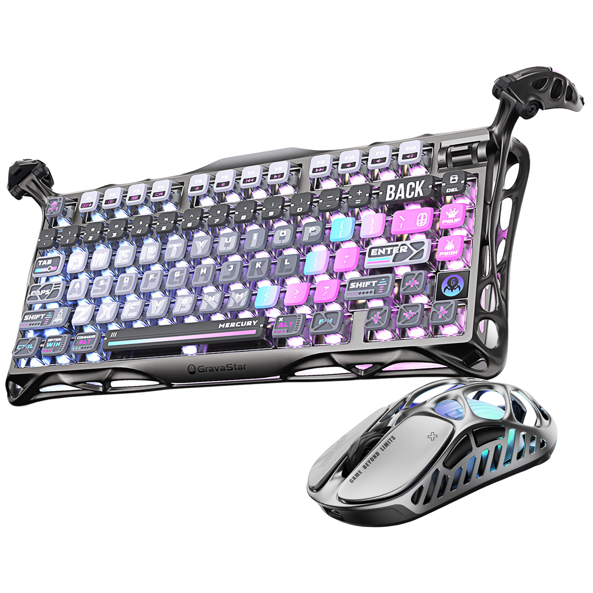 GRAVASTAR Mercury K1 Pro+X Kablosuz RGB Işıklı Mekanik Q Gaming Optik Kablolu,Kablosuz,Wireless,Bluetooth Klavye ve Mouse Seti Cyberpunk