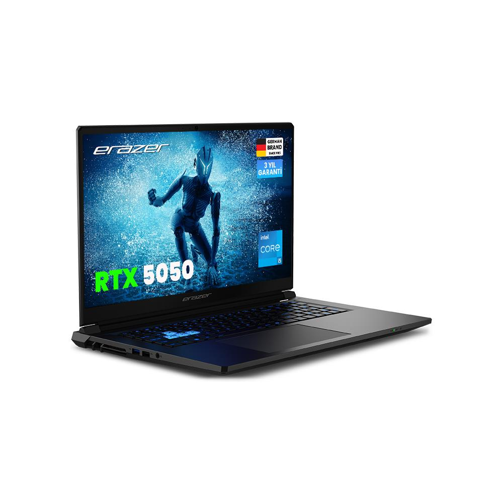 RTX 5050 ve Intel Core i5 özellikli siyah Erazer dizüstü bilgisayar, beyaz zeminde.