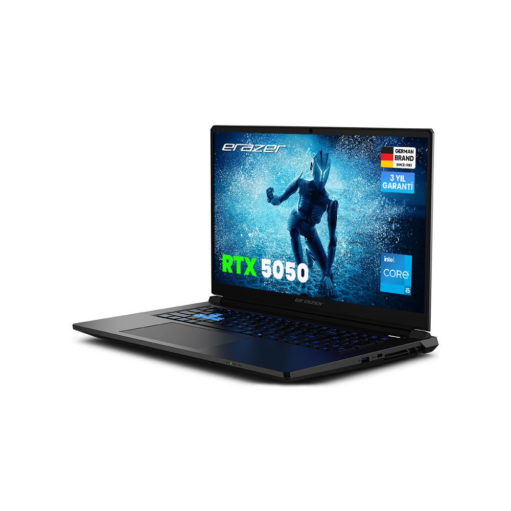 RTX 5050 ve Intel Core i5 ekranlı siyah bir dizüstü bilgisayar.