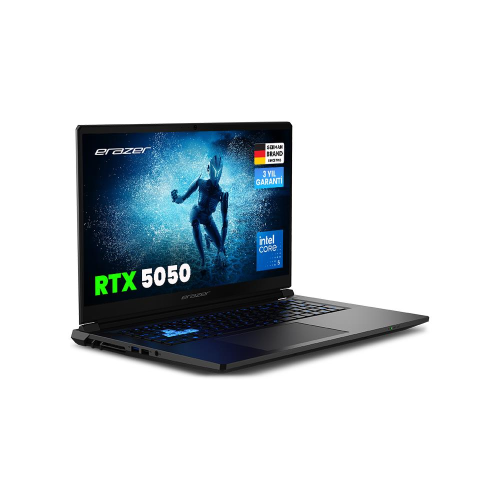 RTX 5050, Intel Core logosu ve Alman garantili siyah bir dizüstü bilgisayar.