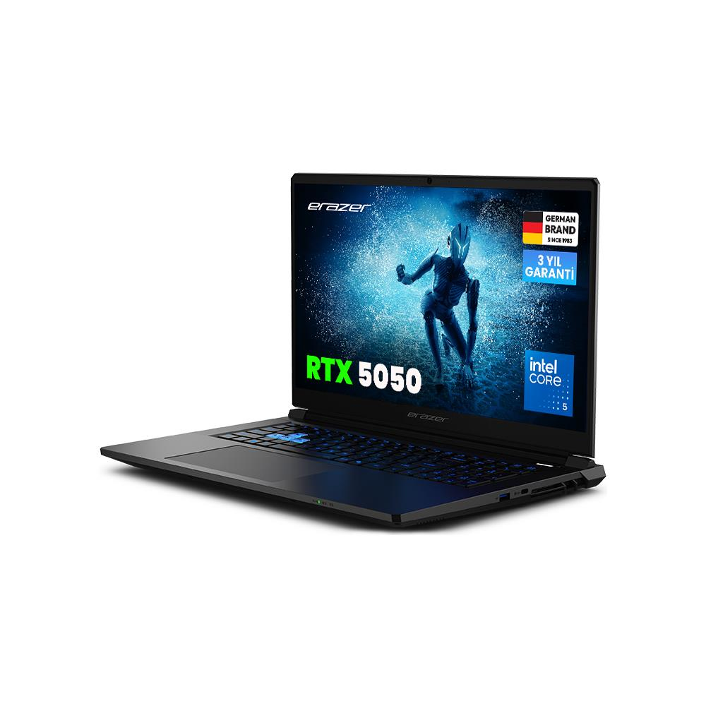RTX 5050 ve Intel Core i5 gösteren, arkadan aydınlatmalı klavyeli siyah dizüstü bilgisayar.