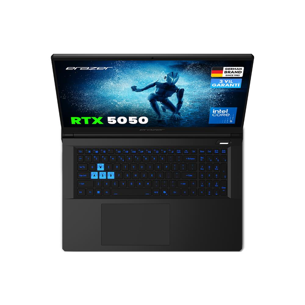 Işıklı klavyeli ve RTX 5050 grafikli siyah dizüstü bilgisayar.