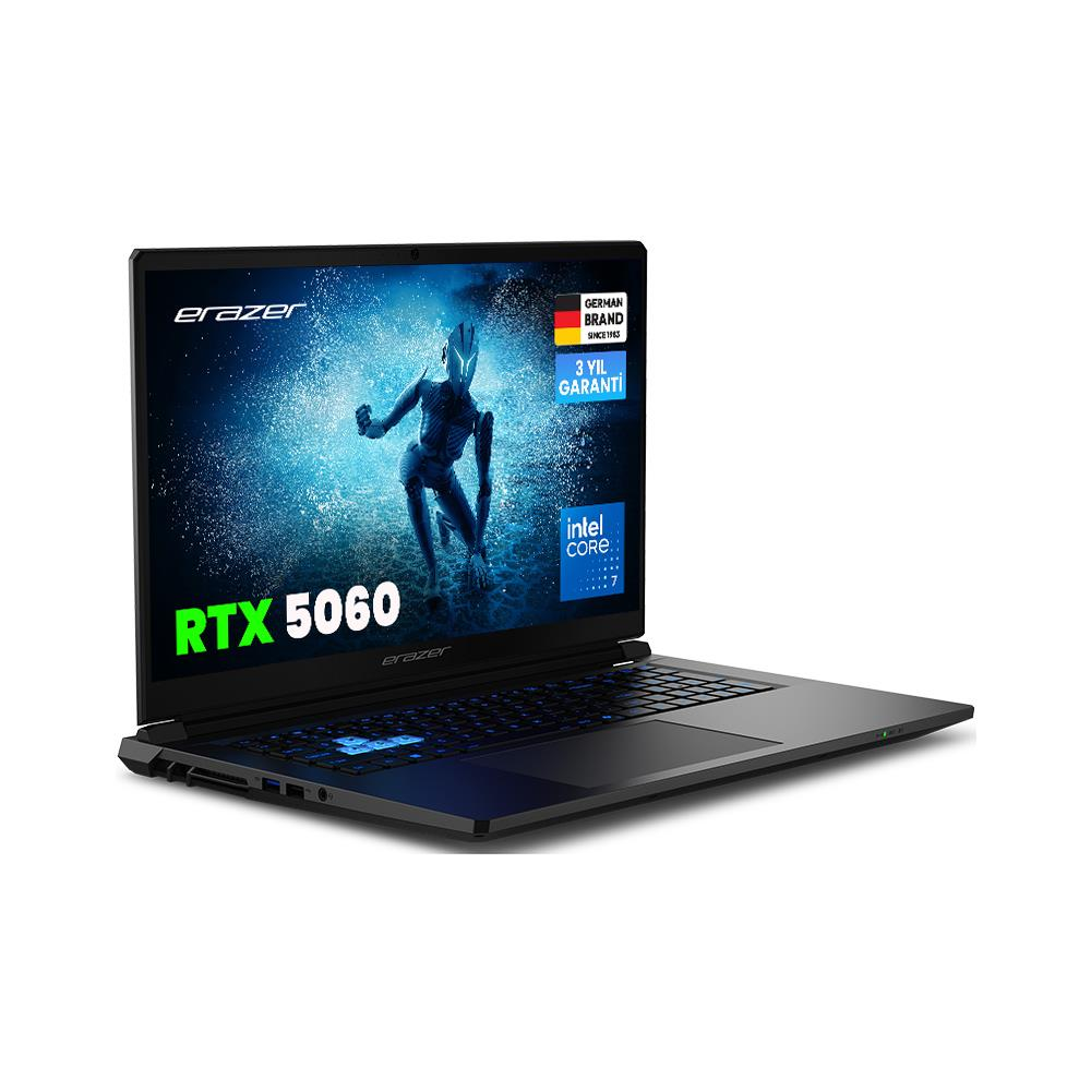 RTX 5060 ve Intel Core i7 işlemcili siyah Erazer dizüstü bilgisayar. Ekranda bir figür var.