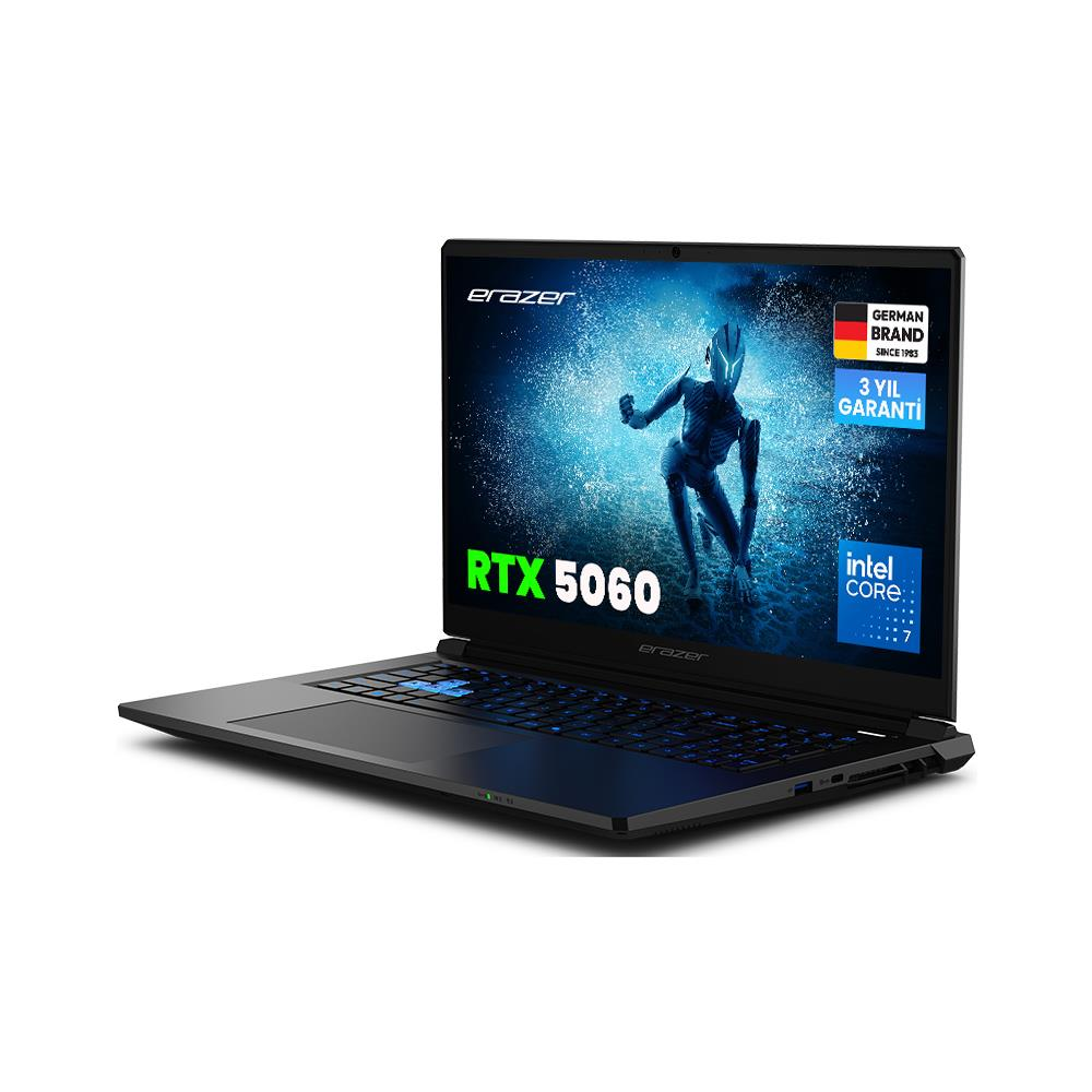 Işıklı klavyeli ve RTX 5060 grafikli siyah dizüstü bilgisayar.