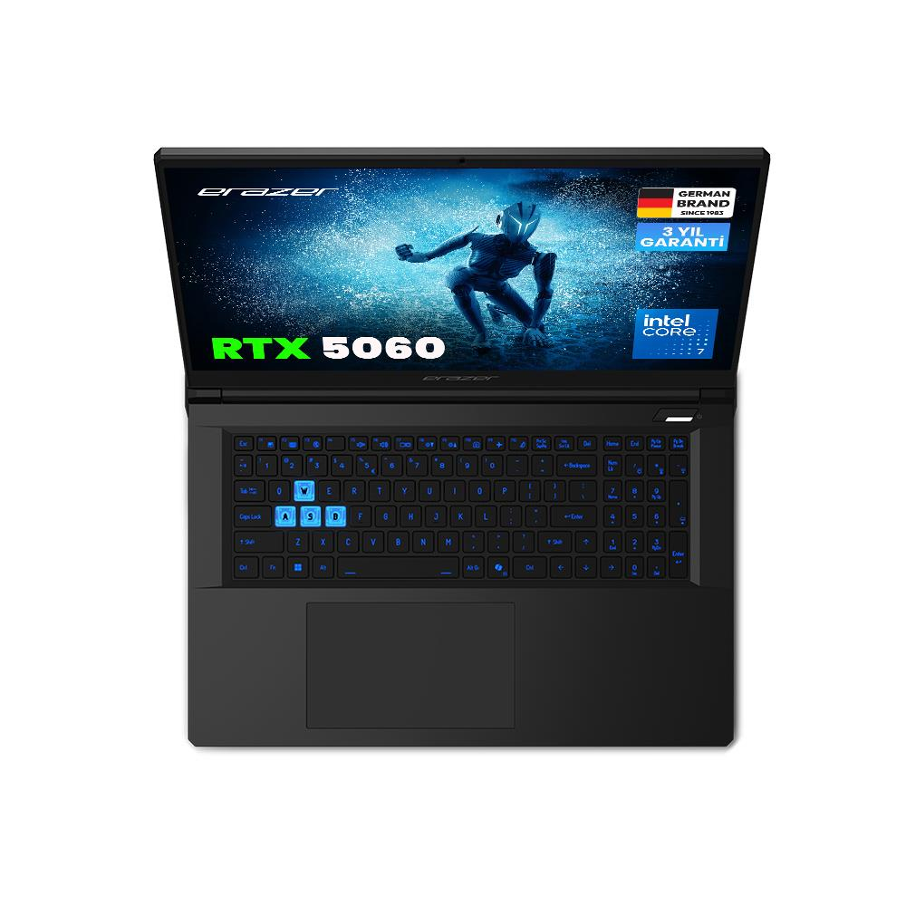 Işıklı klavyeli ve RTX 5060 grafikli siyah dizüstü bilgisayar.