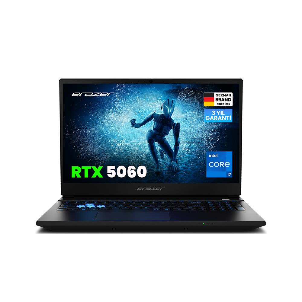 Ekranında savaşçı resmi olan siyah dizüstü bilgisayar. RTX 5060, Intel Core i7.