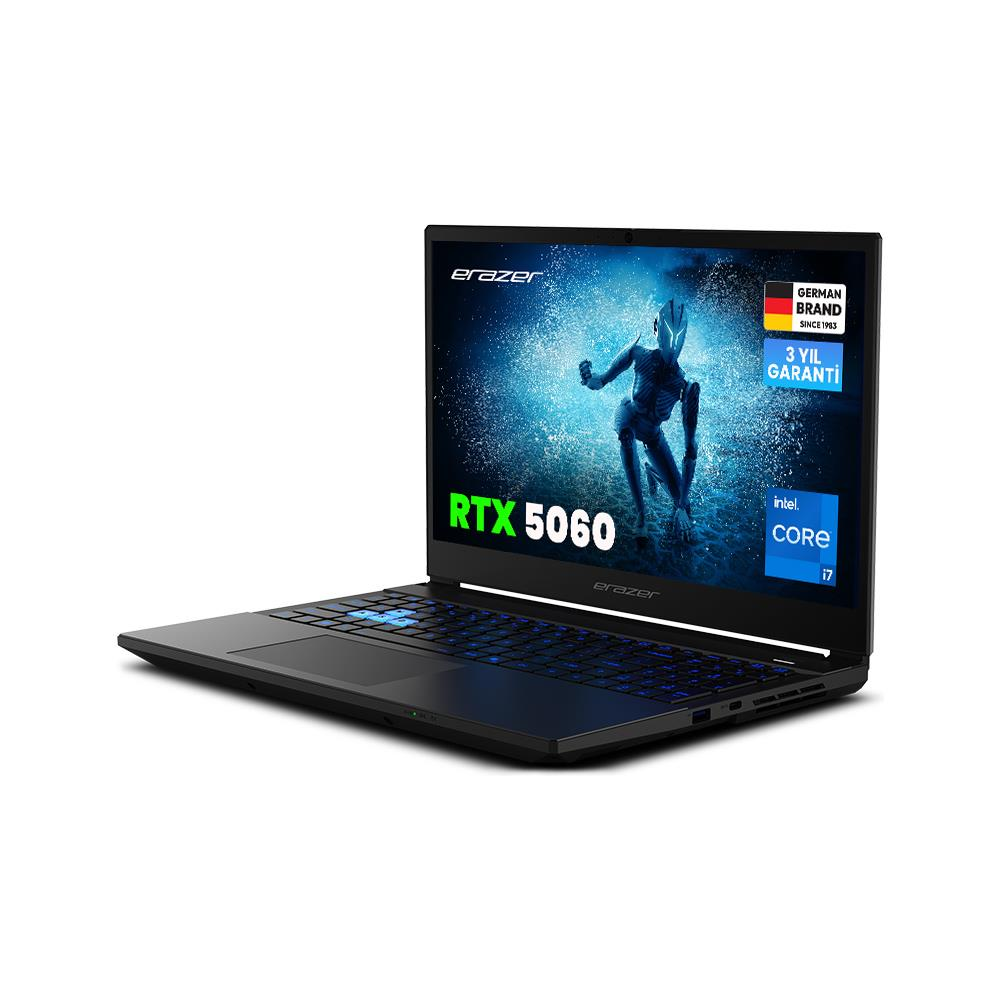 RTX 5060 ve Intel Core i7 işlemcili siyah ERAZER laptop. Ekranda bir savaşçı var.