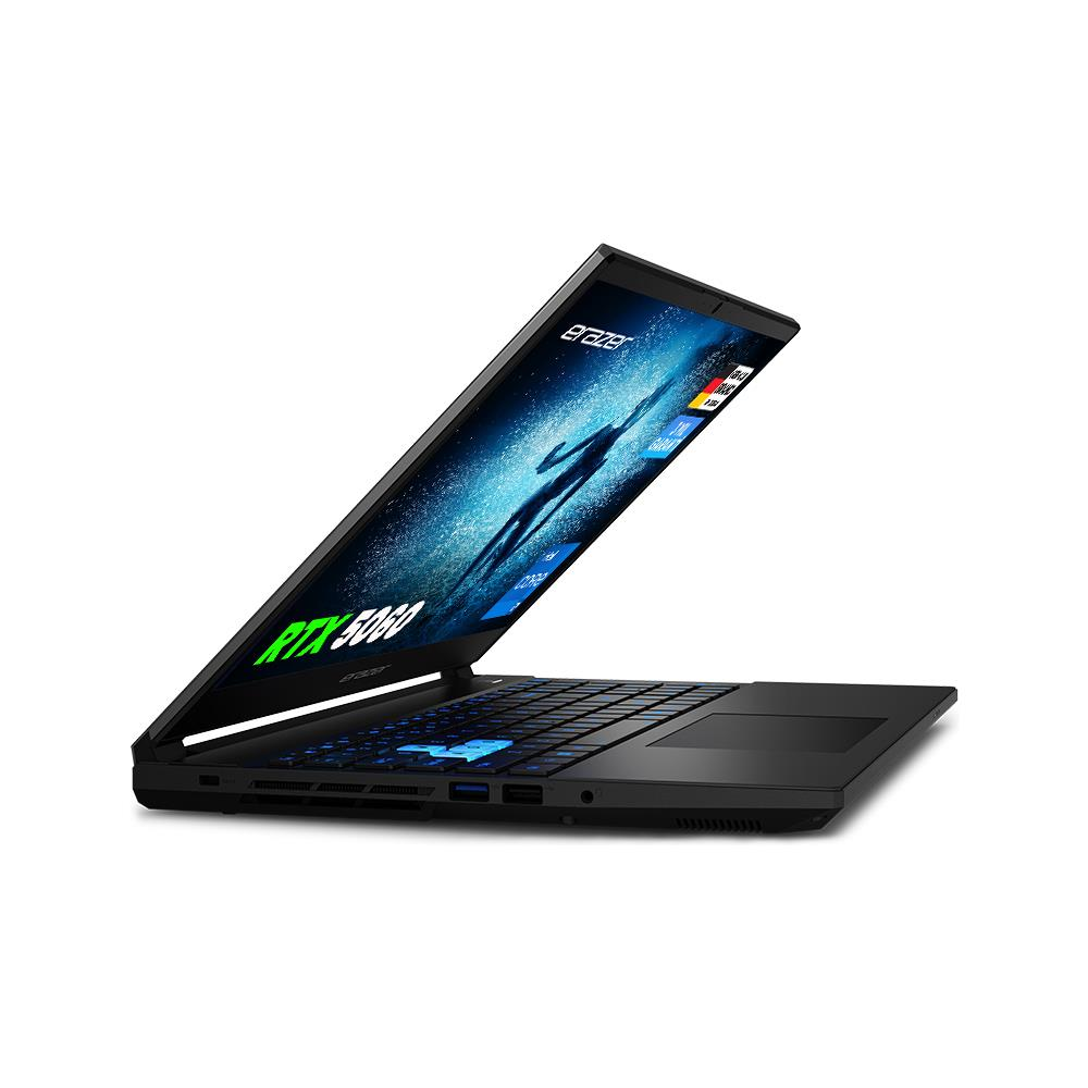Parlak mavi klavyeli ve RTX 3060 çıkartmalı siyah dizüstü bilgisayar.