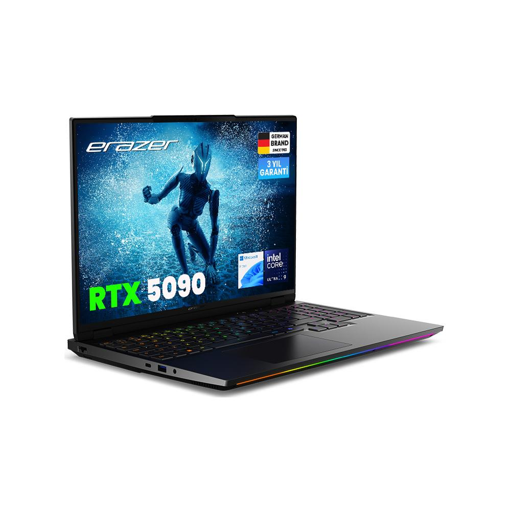 Erazer RTX 5090 ve Intel Core Ultra 9 yazılı siyah bir dizüstü bilgisayar.