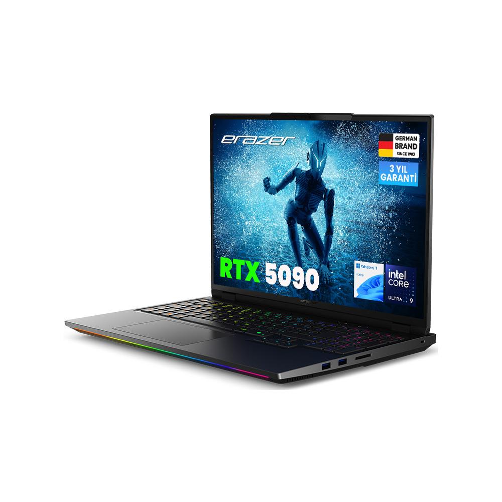 RTX 5090, Intel Core Ultra 9 ve RGB aydınlatmalı siyah ERAZER dizüstü bilgisayar.