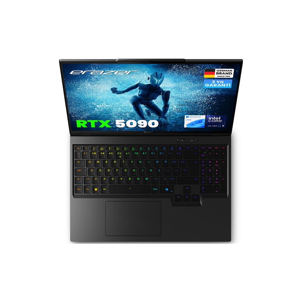 Arkadan aydınlatmalı klavyeli siyah dizüstü bilgisayar, ekranda RTX 5090.