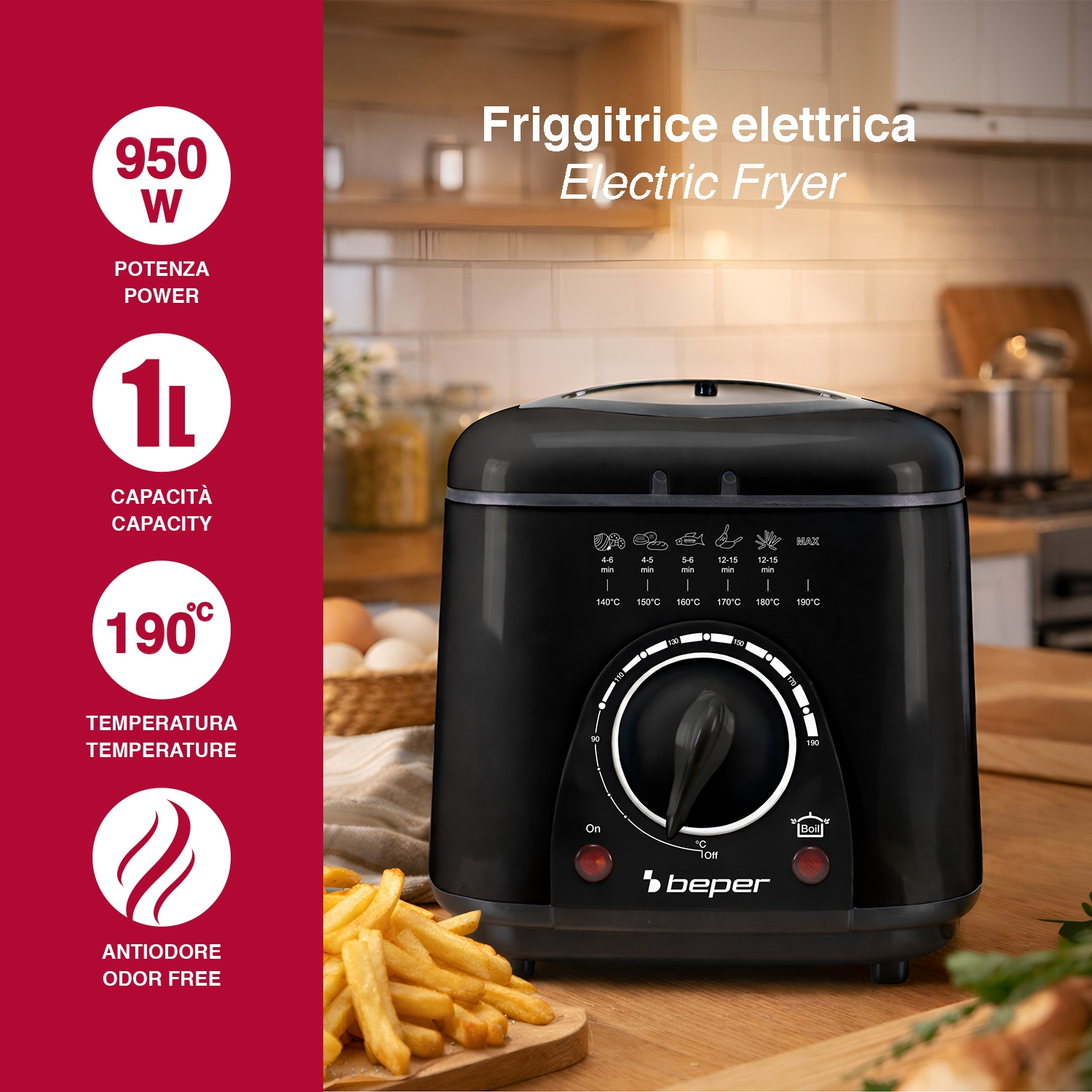 Friggitrice elettrica nera: 950W, capacità 1L, temperatura 190°C. Icona patatine.