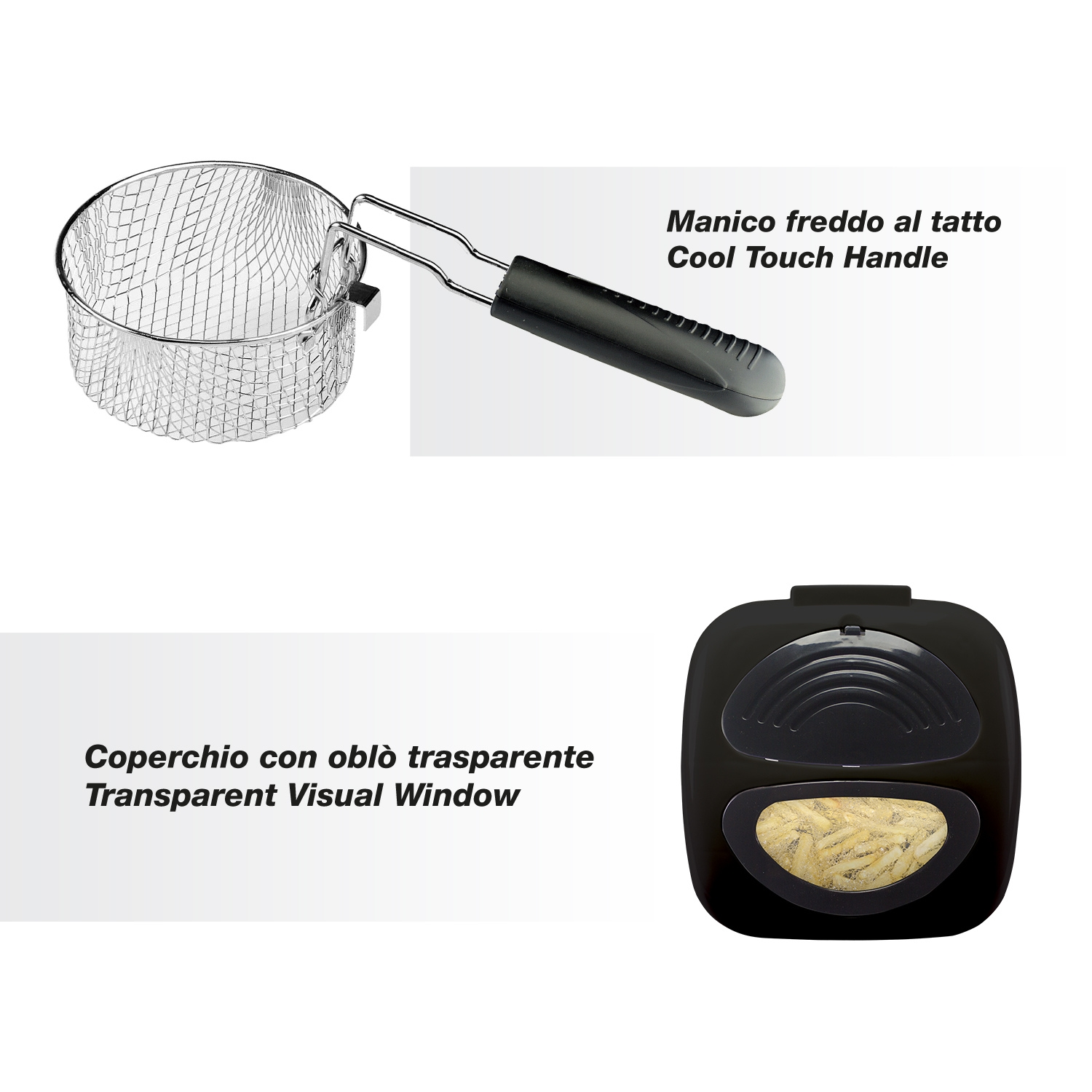 Cestello friggitrice con manico freddo e friggitrice nera con oblò.