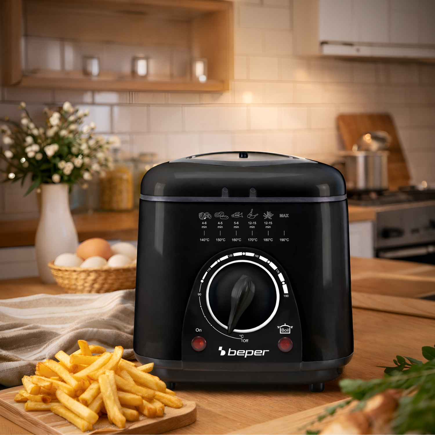 Friteuse nera su tavolo in legno con patatine fritte e uova.
