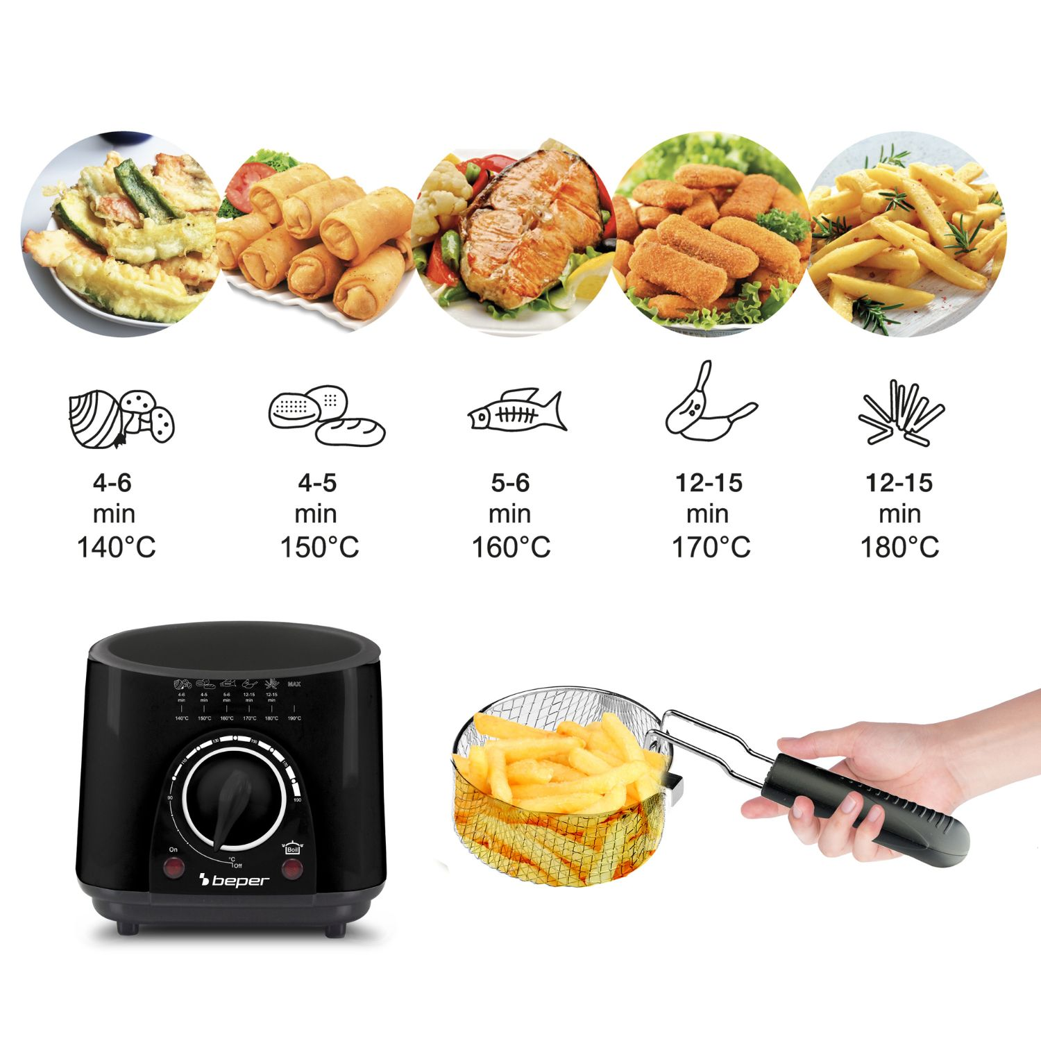Immagini di cibi fritti e accessori per friggitrice con tempi.