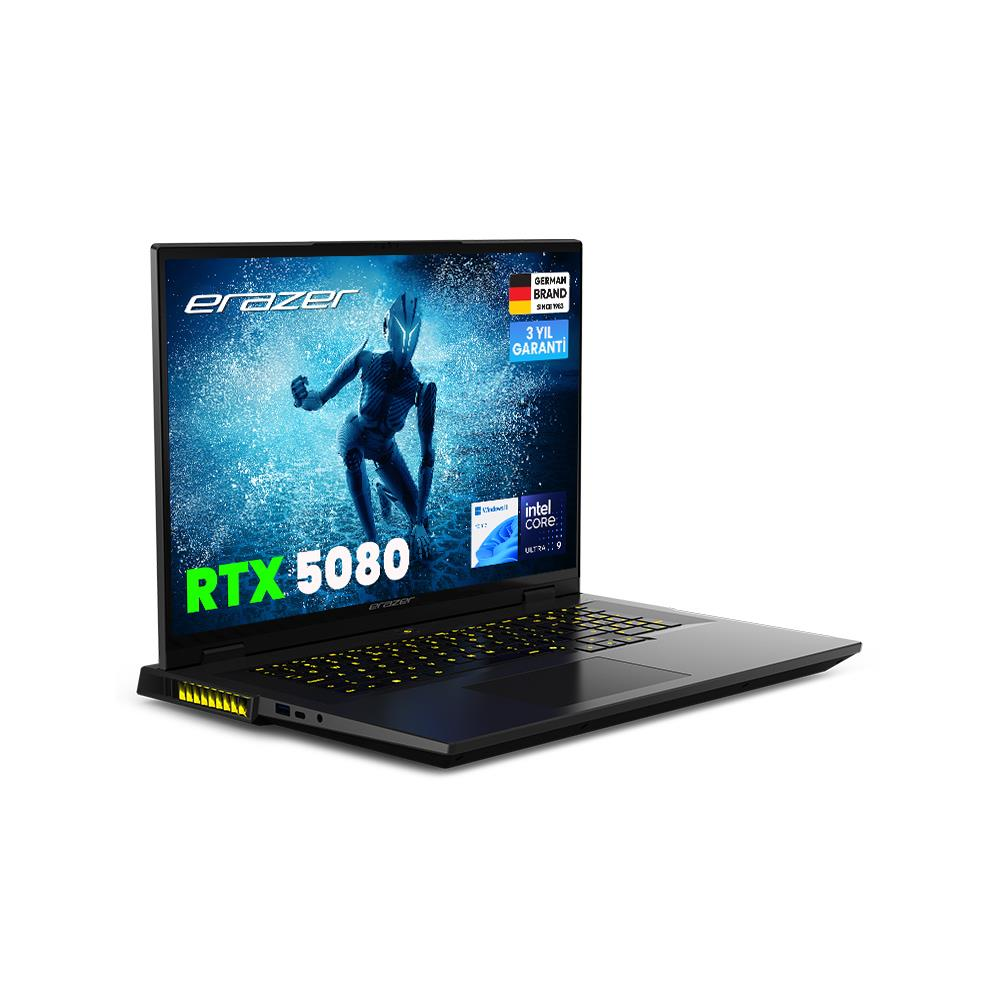 Un portátil negro con teclado amarillo brillante, con RTX 5080.