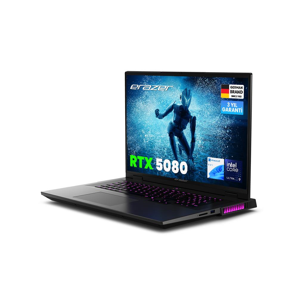 Un portátil negro con teclado retroiluminado muestra RTX 5080.