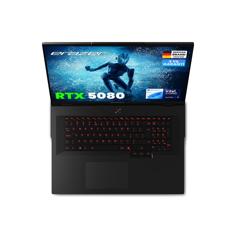 Un portátil negro con teclado iluminado y RTX 5080 en pantalla.
