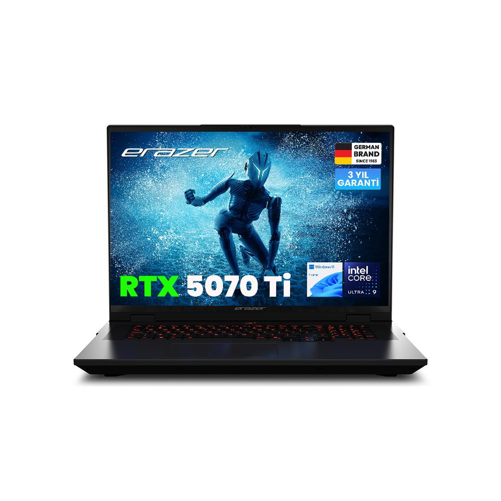RTX 5070 Ti, Intel Core Ultra 9 ve Windows 11 özellikli siyah dizüstü bilgisayar.