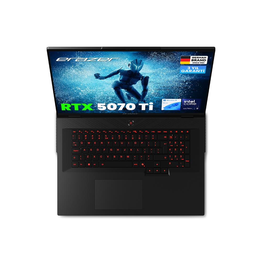 Işıklı klavyeli siyah laptop, RTX 5070 Ti ve Intel Core Ultra.