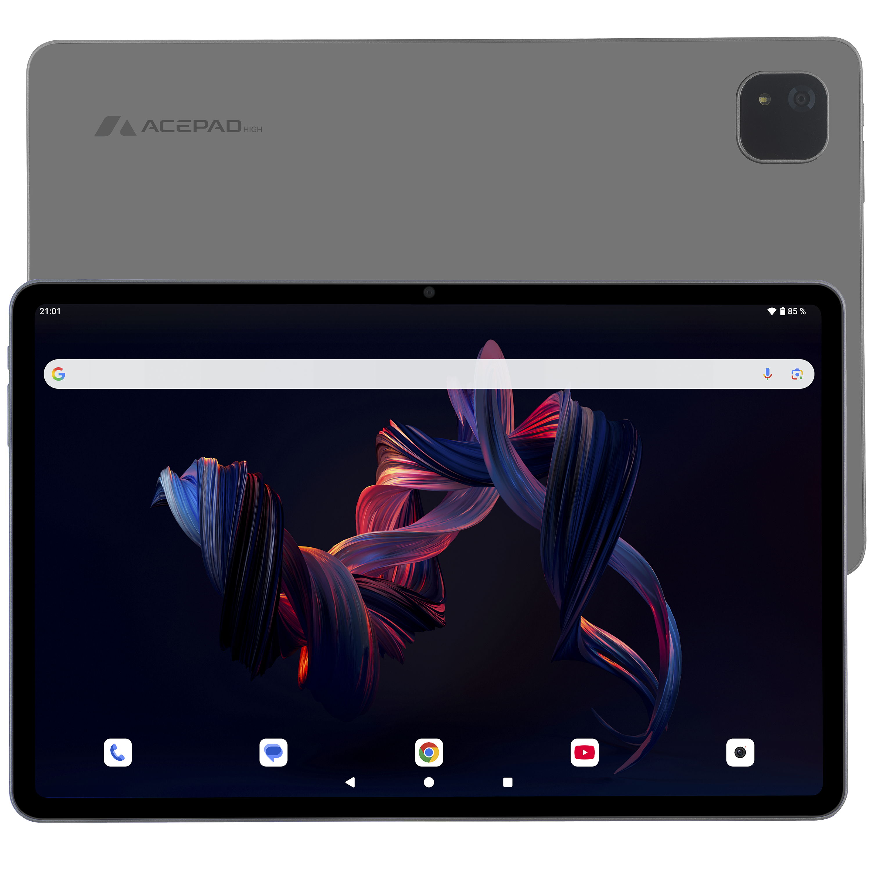 Graues Tablet mit Acepad High Logo auf der Rückseite. Bildschirm zeigt abstrakte Kunst & Symbole.