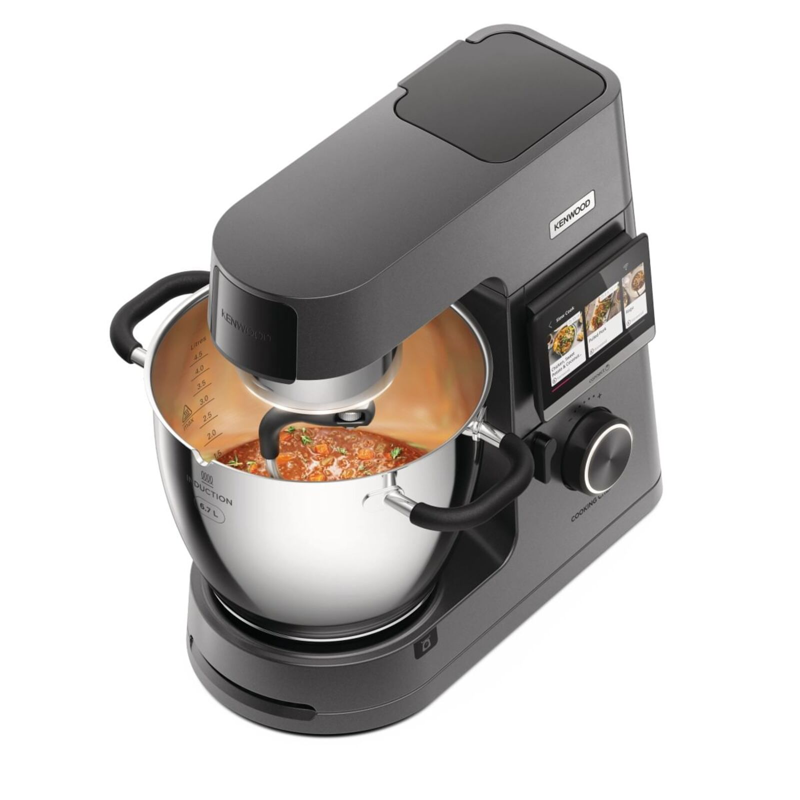 Dunkelgraue Küchenmaschine mit Edelstahlschüssel, die Eintopf zubereitet. Touchscreen mit Rezepten.