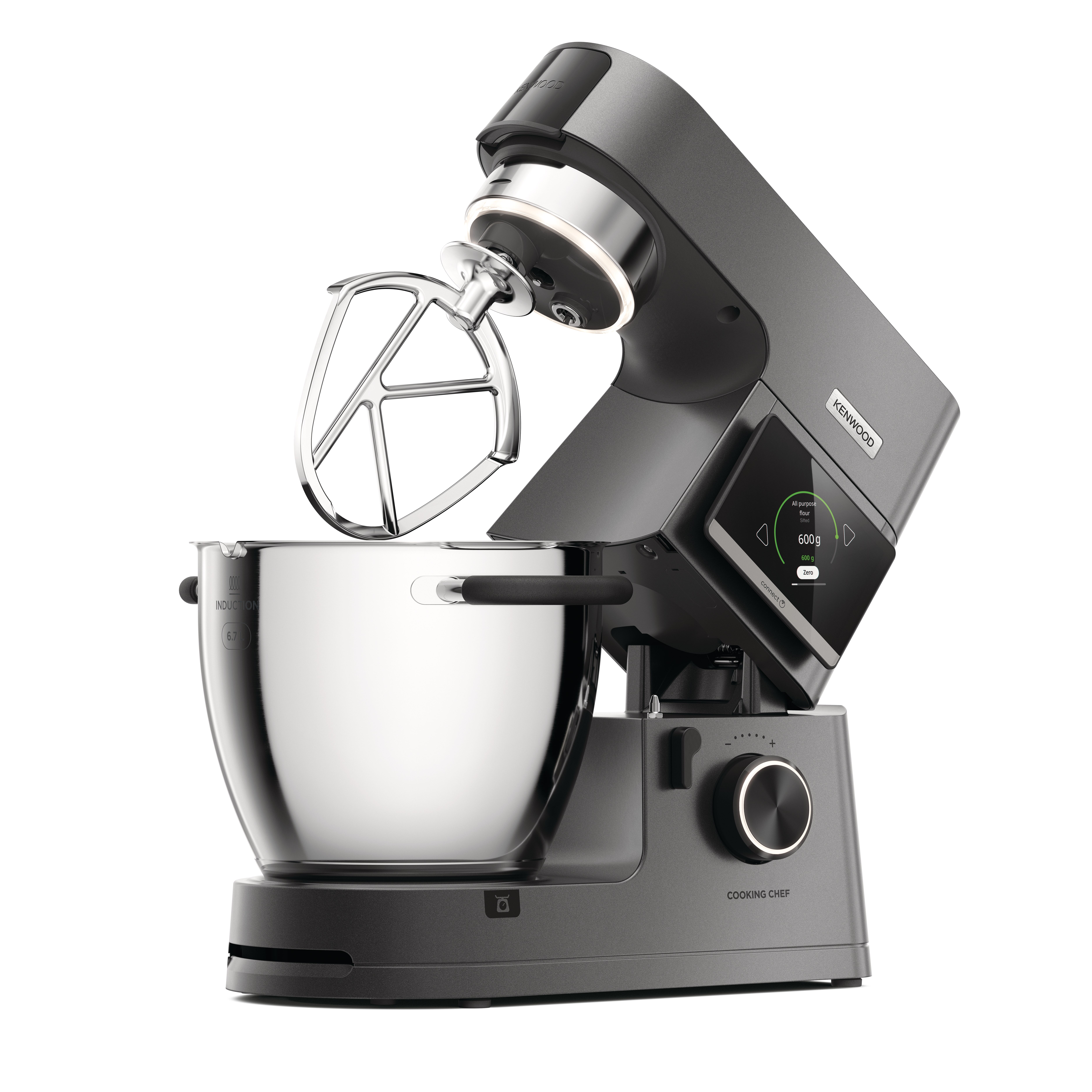 Grauer Kenwood Küchenmaschinen-Mixer mit Edelstahlschüssel und Schneebesen.