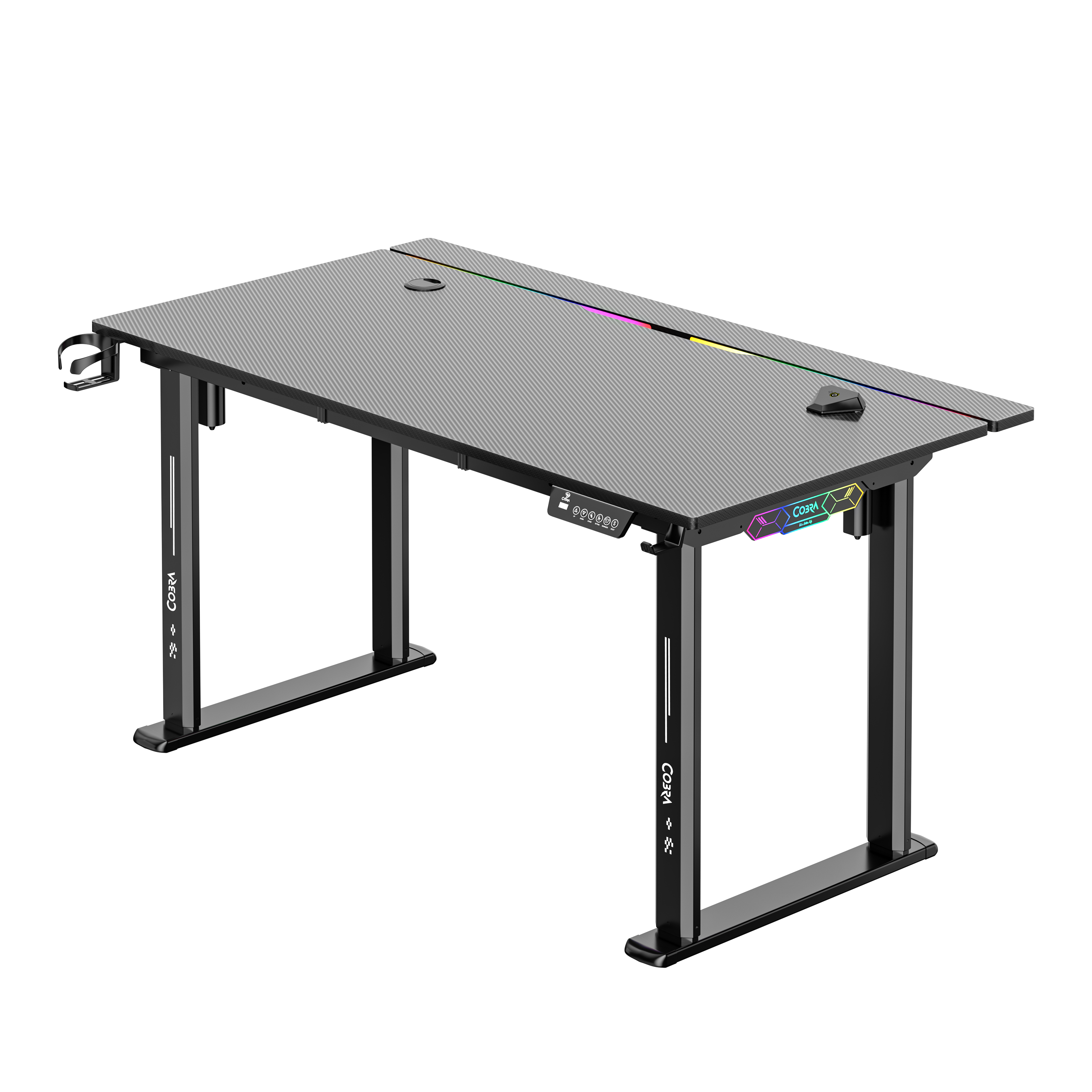 Czarny stół ze wzorem włókna węglowego i oświetleniem RGB.