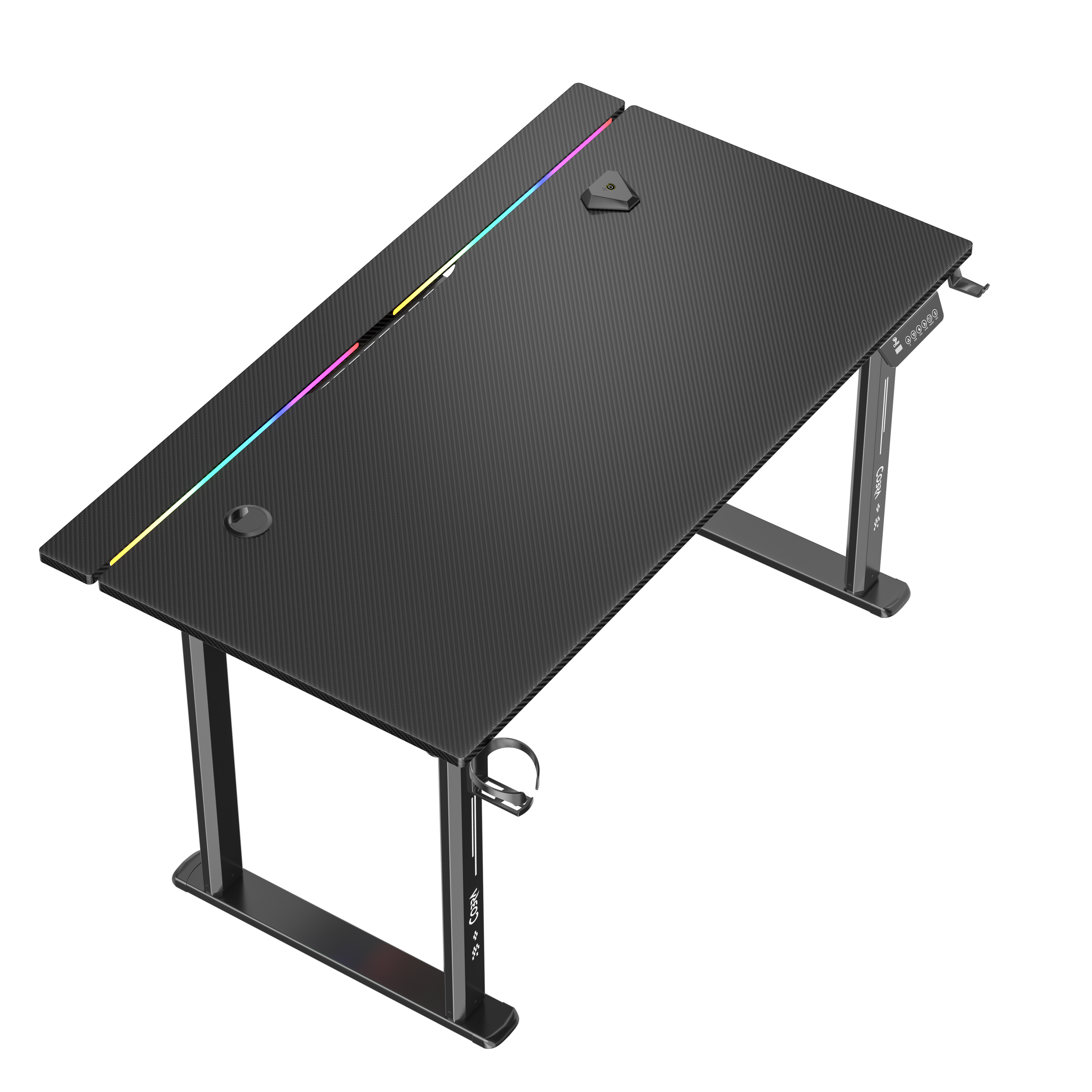 Czarny biurko gamingowe z włókna węglowego z oświetleniem RGB i metalowymi nogami.