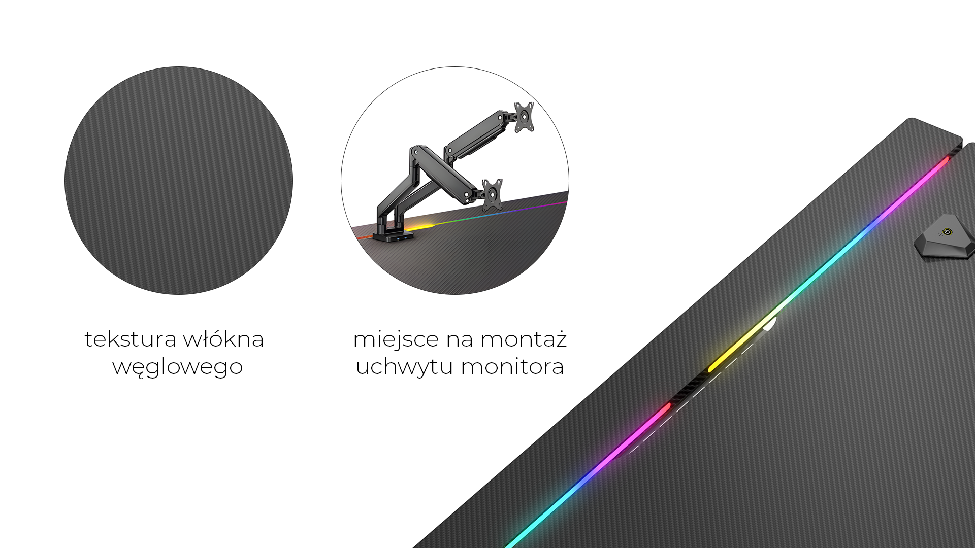Biurko z teksturą włókna węglowego i oświetleniem RGB, z miejscem na uchwyt monitora.