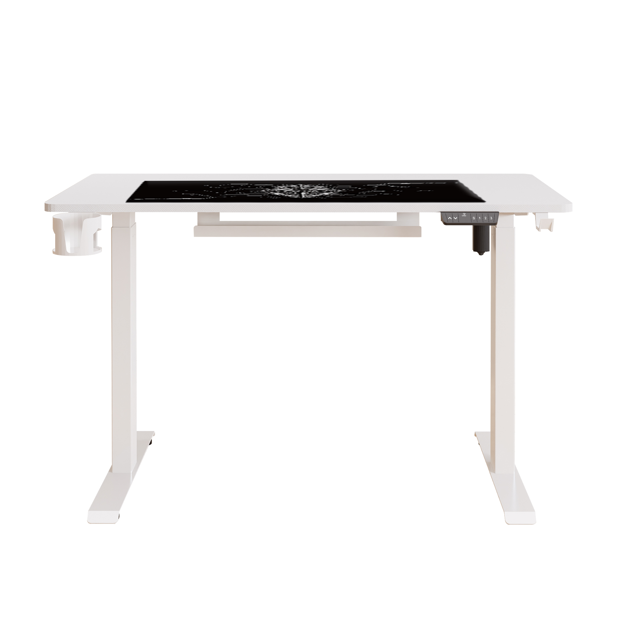 Białe biurko z regulacją wysokości, czarnym blatem i uchwytem na kubek.