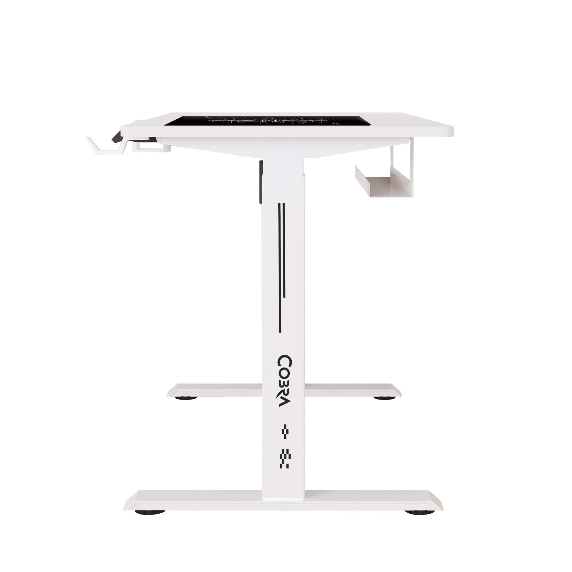 Białe biurko z metalowymi nogami i dwoma uchwytami.