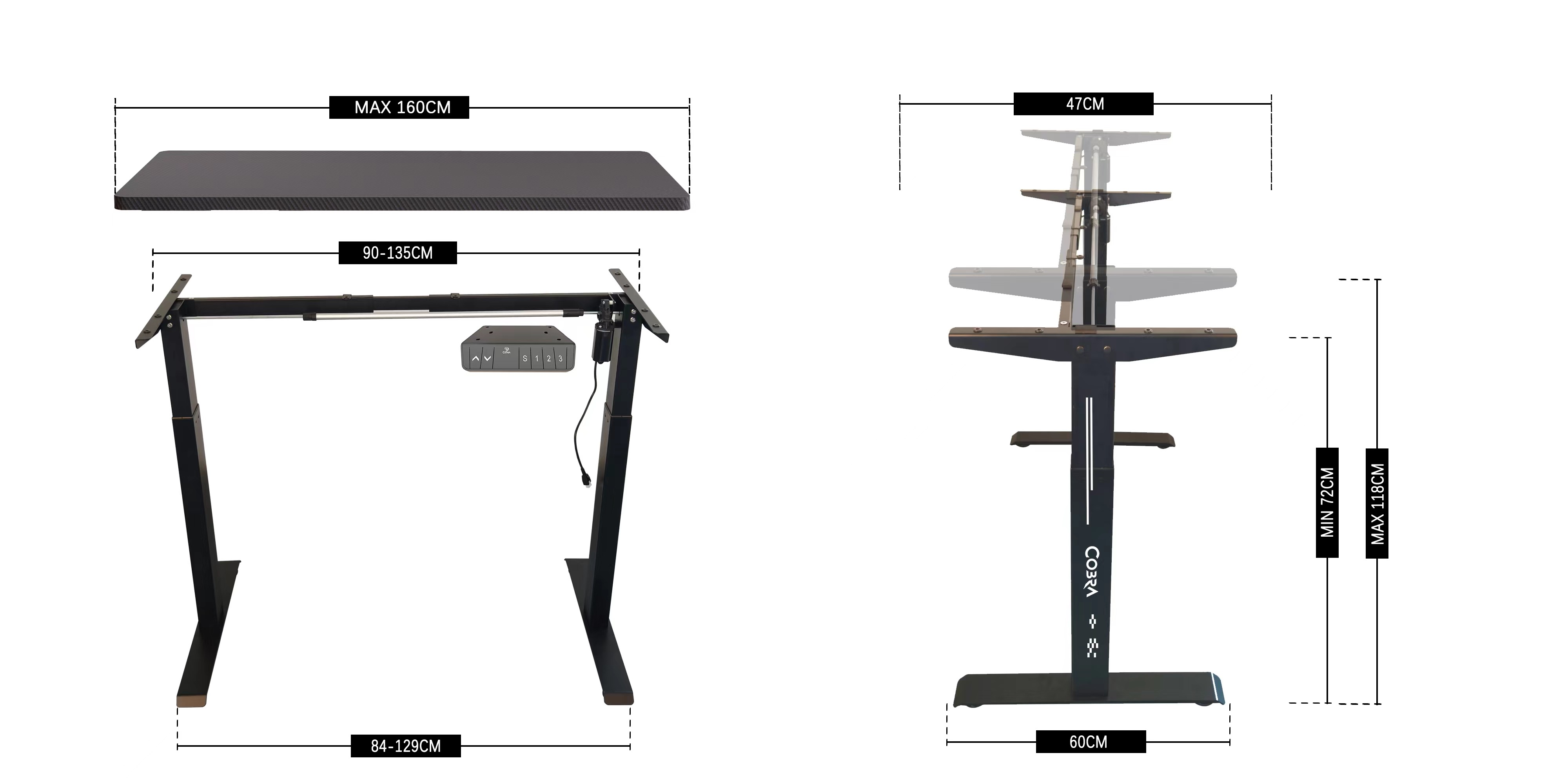 Regulowane biurko z czarnym blatem i ramą. Podano wymiary.