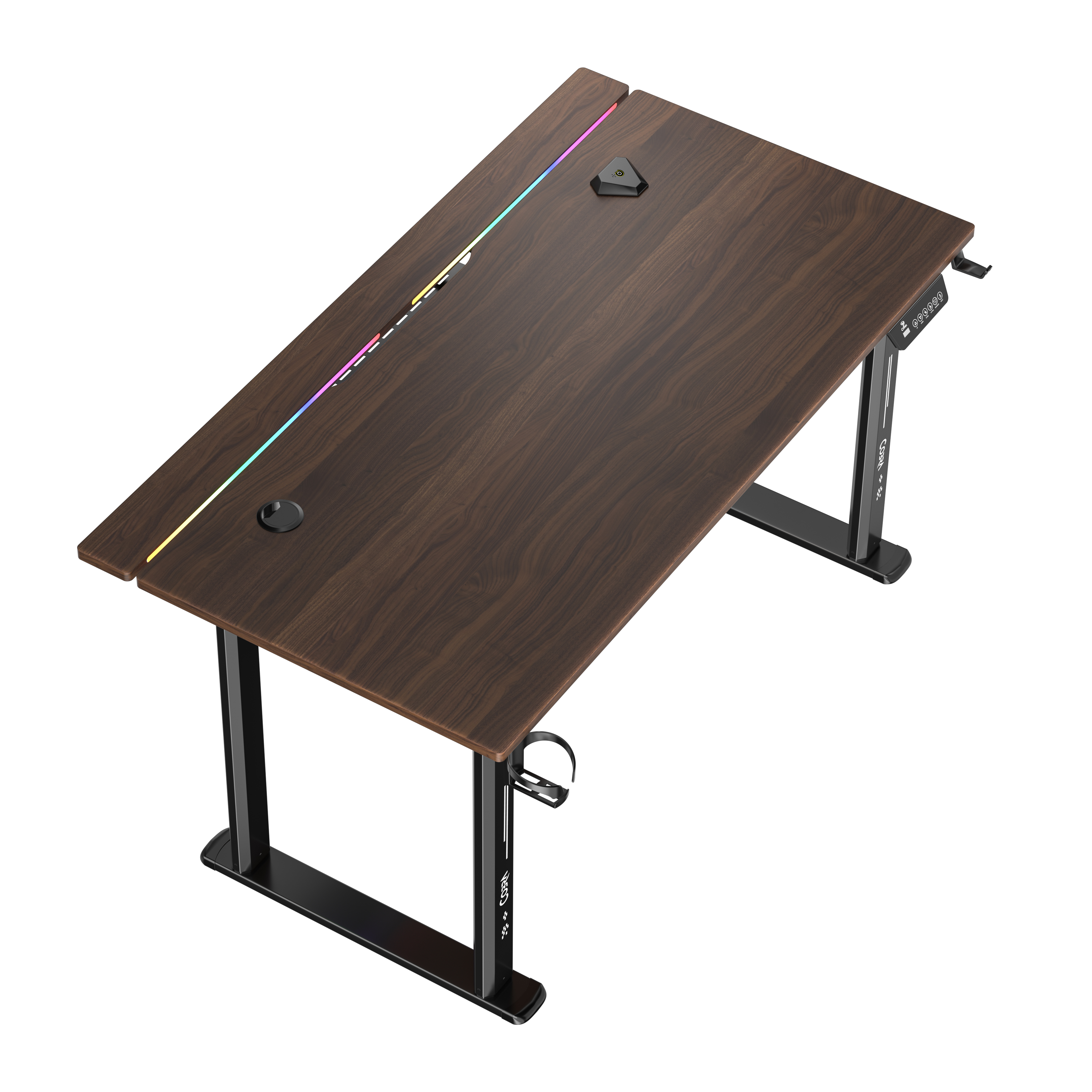 Ciemnobrązowe biurko z czarnymi metalowymi nogami i oświetleniem RGB.