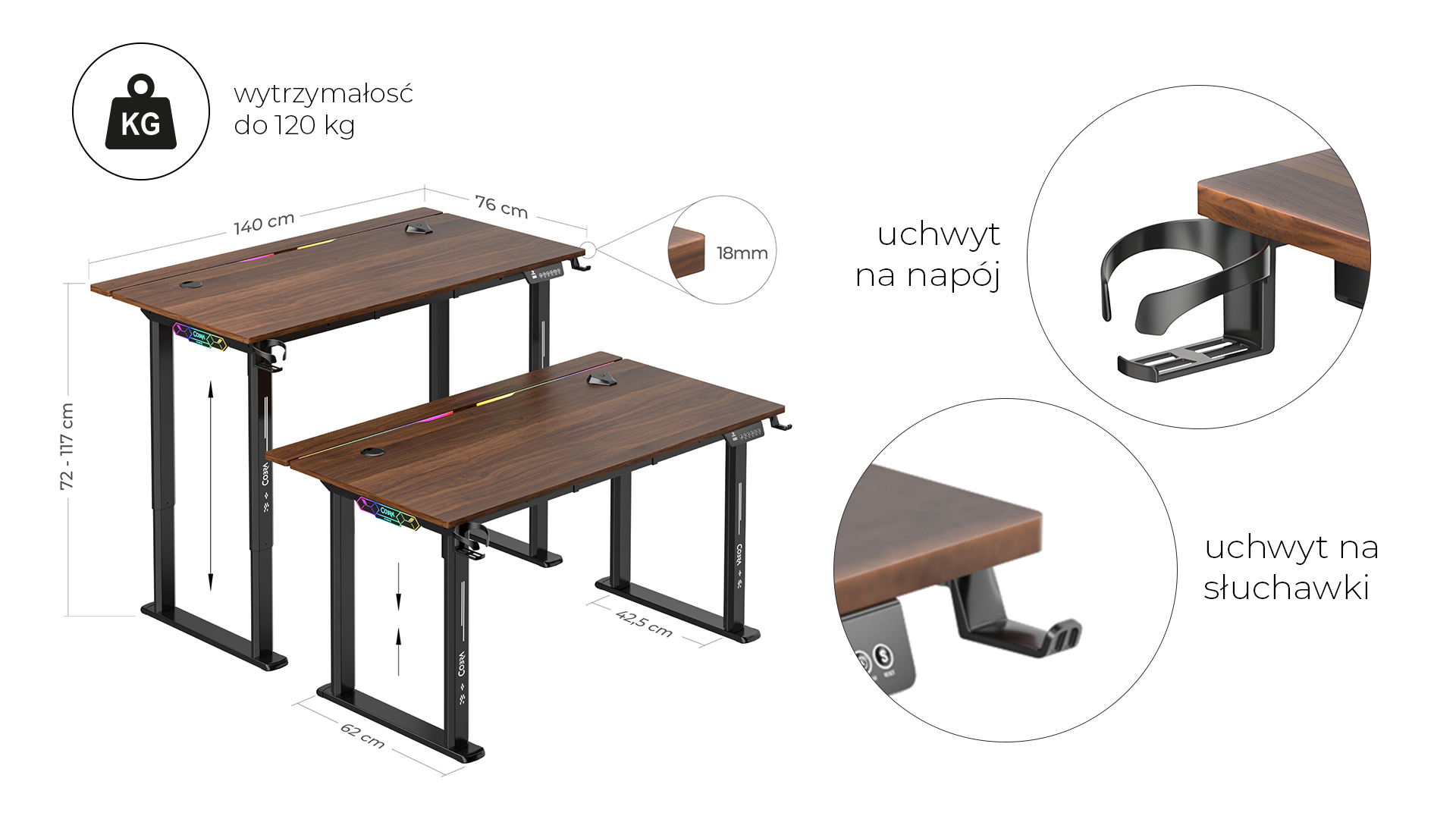 Biurka z regulacją wysokości, drewnianym blatem, uchwytem na napoje i słuchawki.