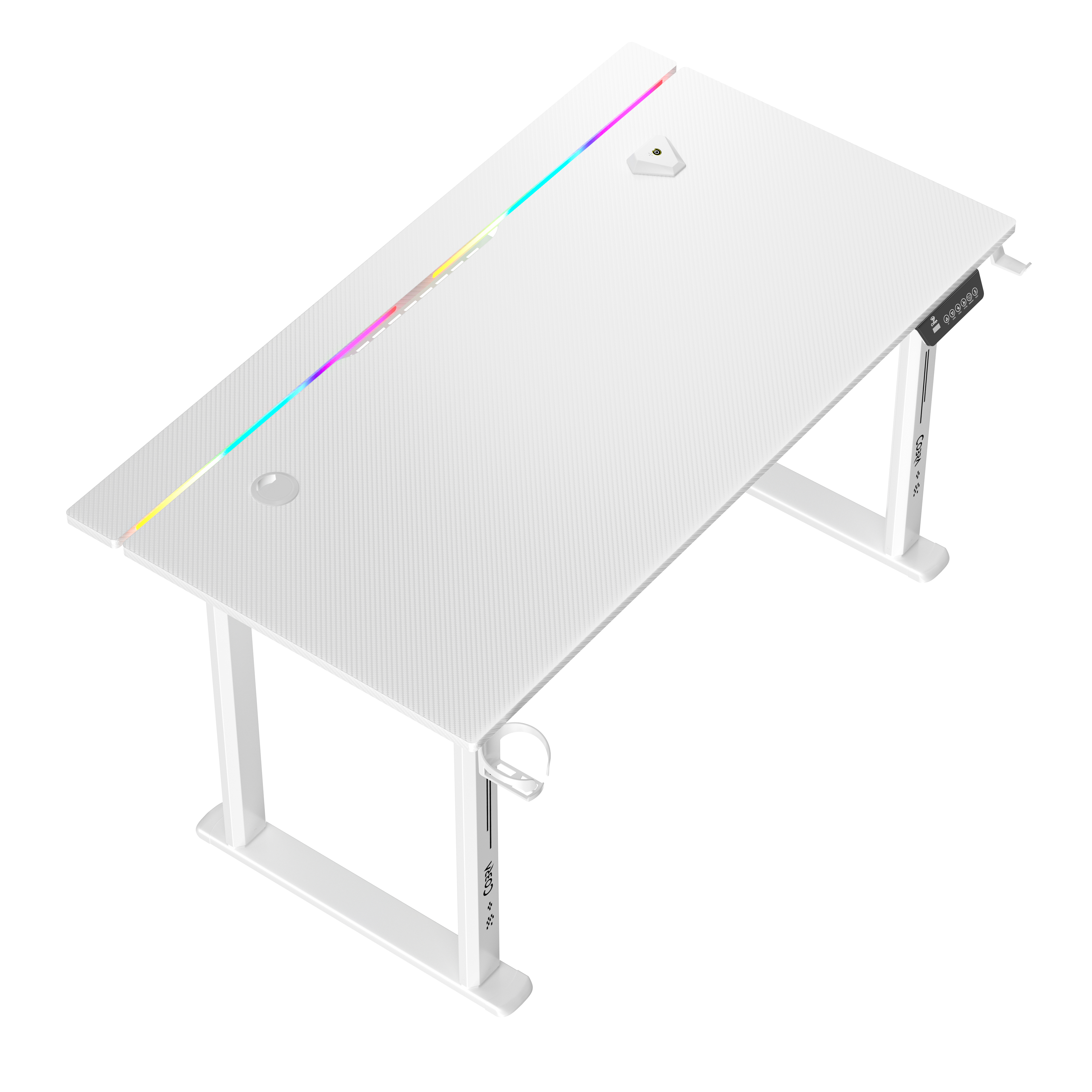 Białe biurko z oświetleniem RGB i uchwytem na kubek.