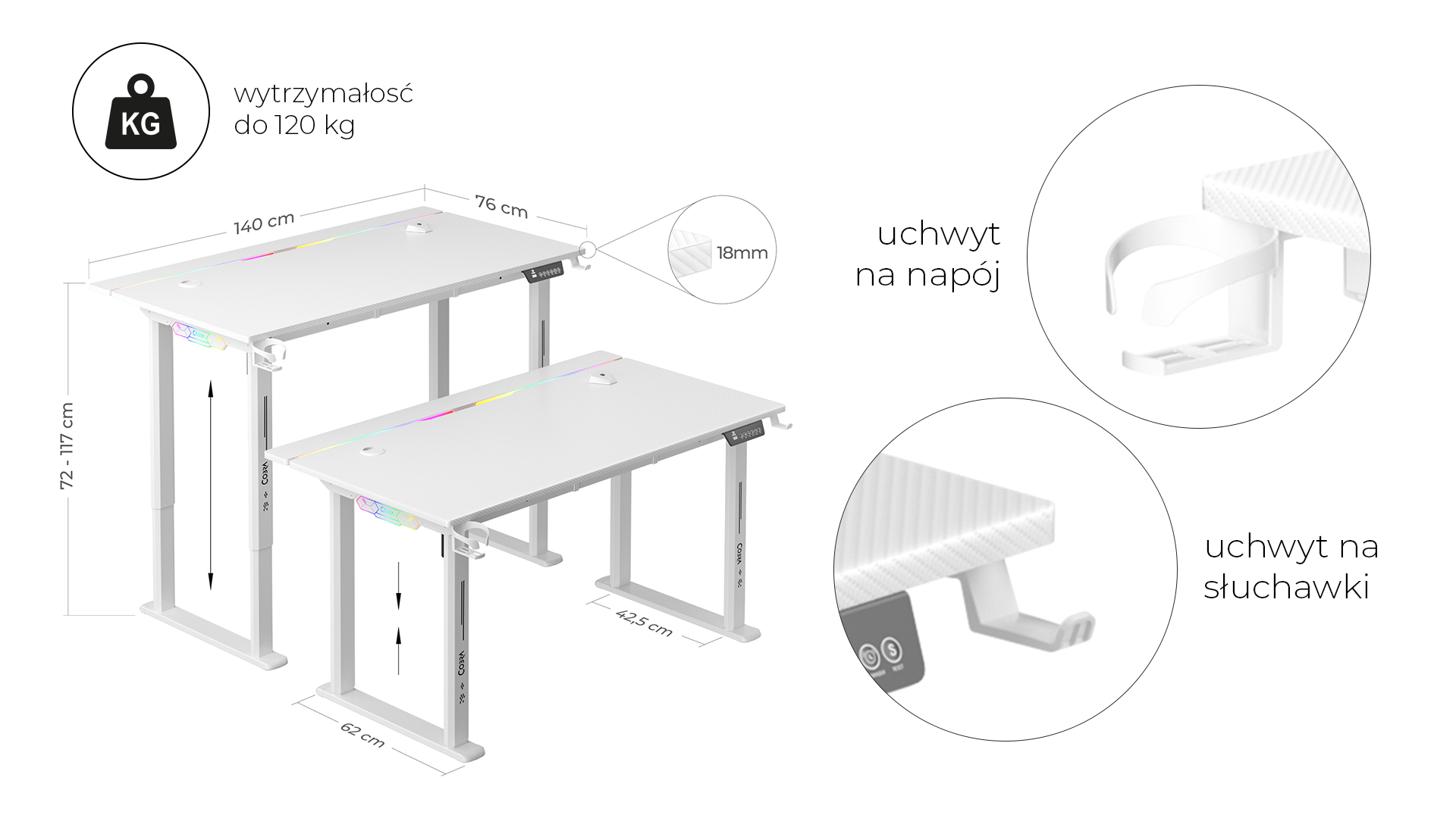 Białe biurka z regulacją wysokości i oświetleniem RGB, 140x76cm i 100x62cm.