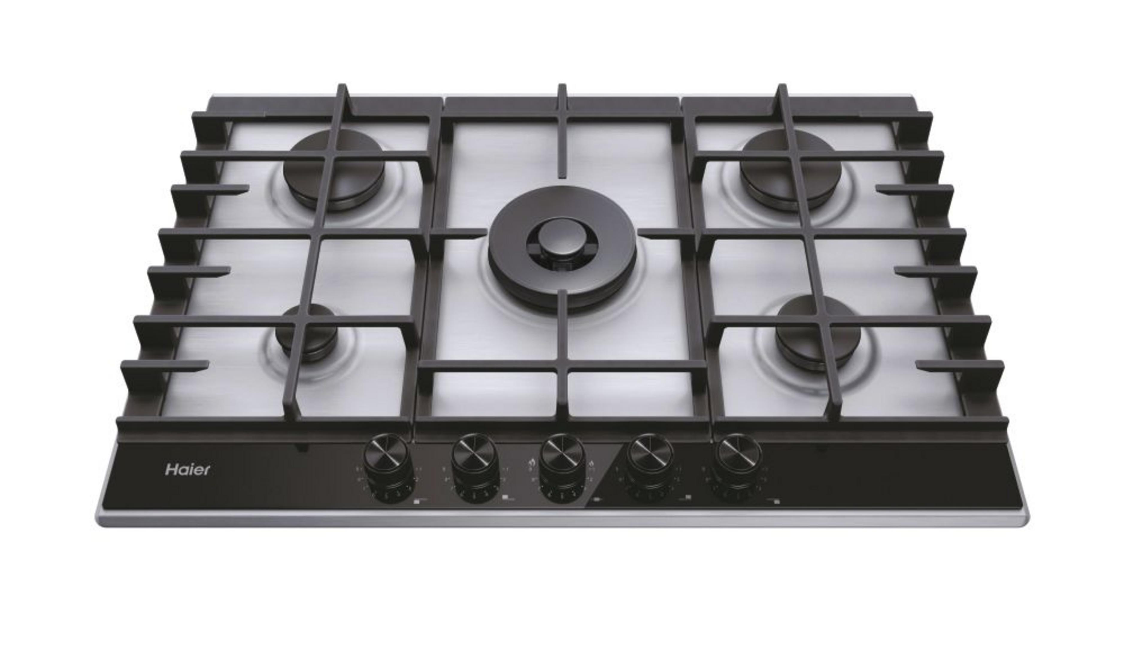 Srebrna płyta gazowa z czterema palnikami i czarnymi pokrętłami.