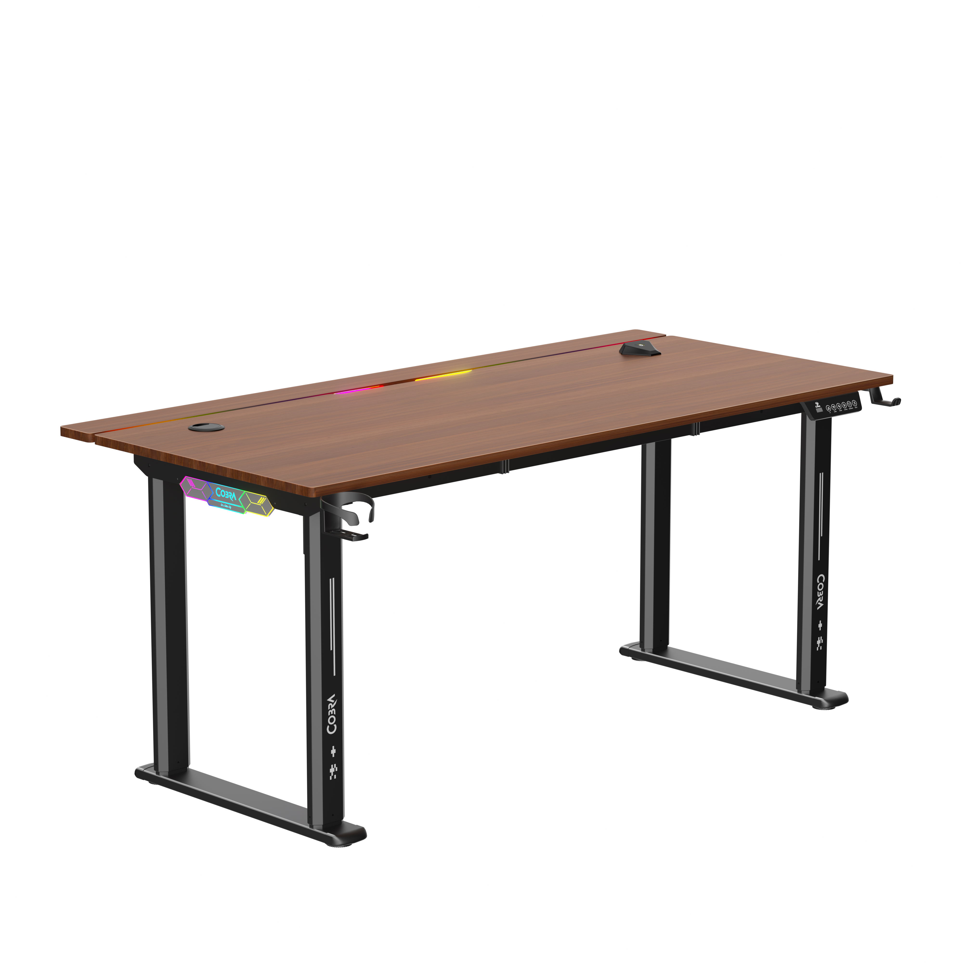 Regulowane biurko z drewnianym blatem, czarnymi nogami i oświetleniem RGB.