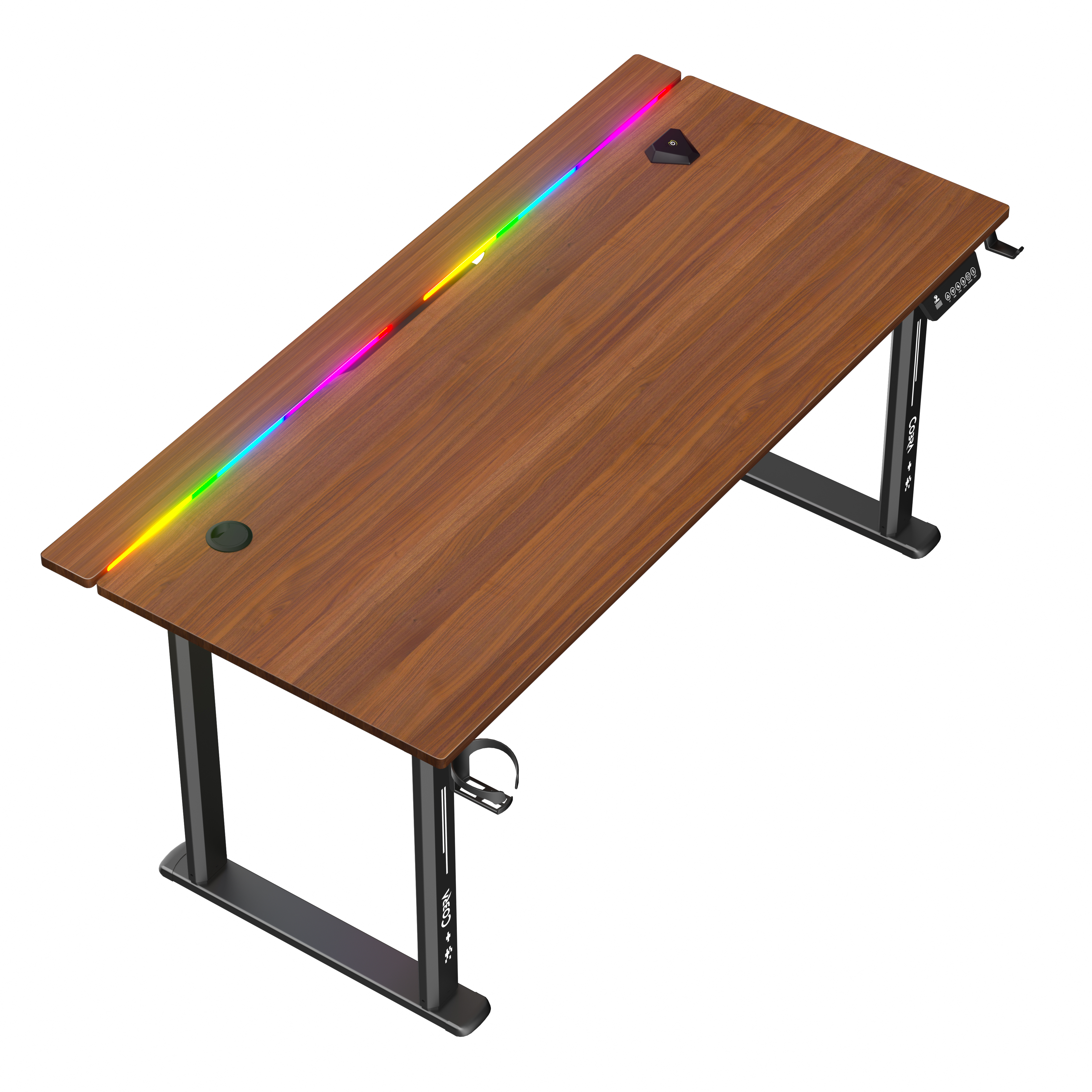 Drewniane biurko z oświetleniem RGB i czarnymi nogami.