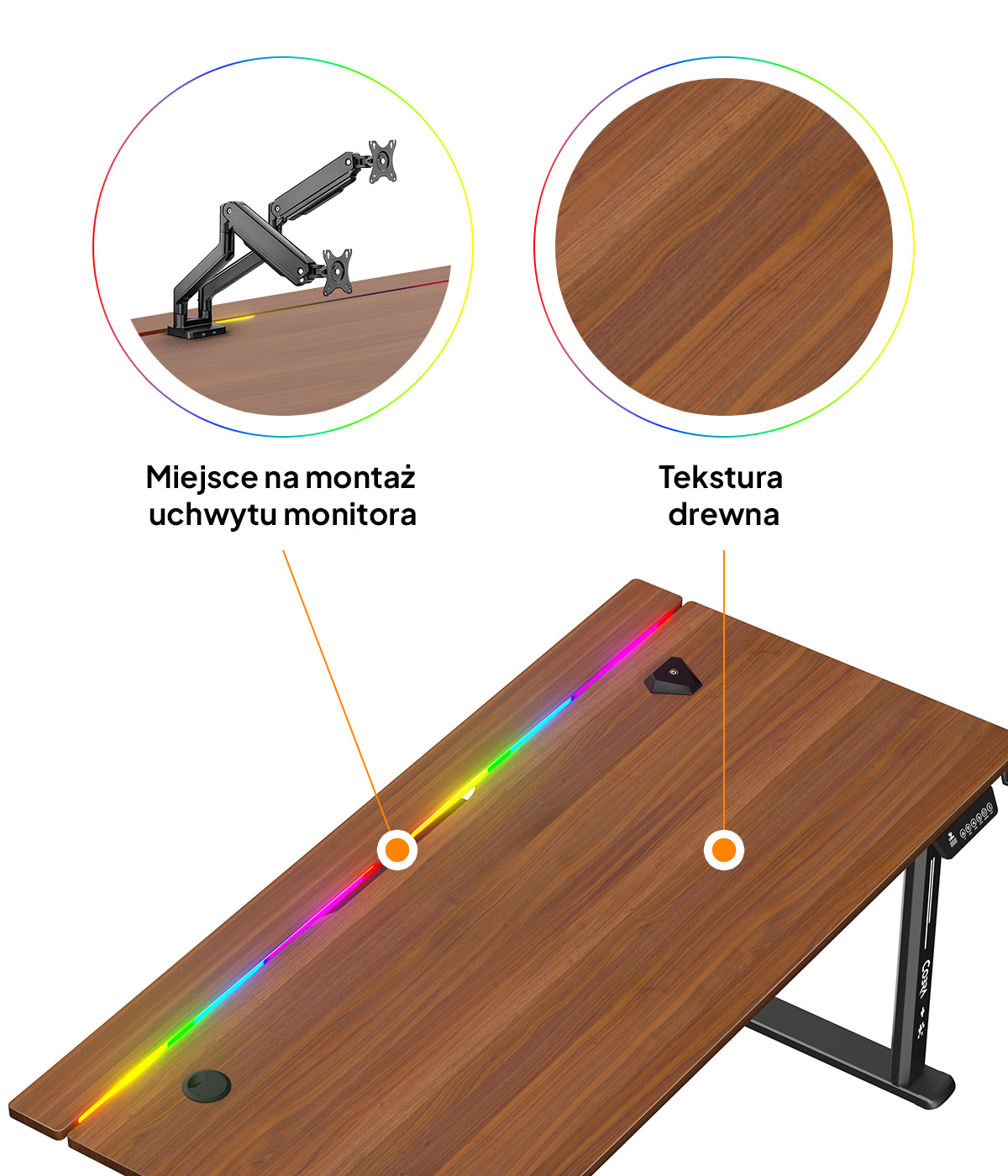 Drewniane biurko ze zintegrowanym oświetleniem RGB i mocowaniem ramienia monitora.