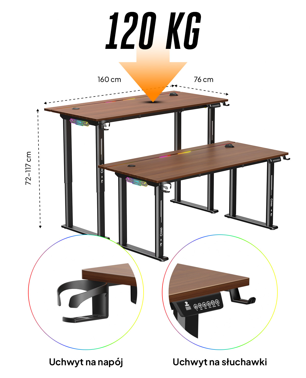 Dwa biurka z regulacją wysokości, jedno nad drugim, z akcesoriami.
