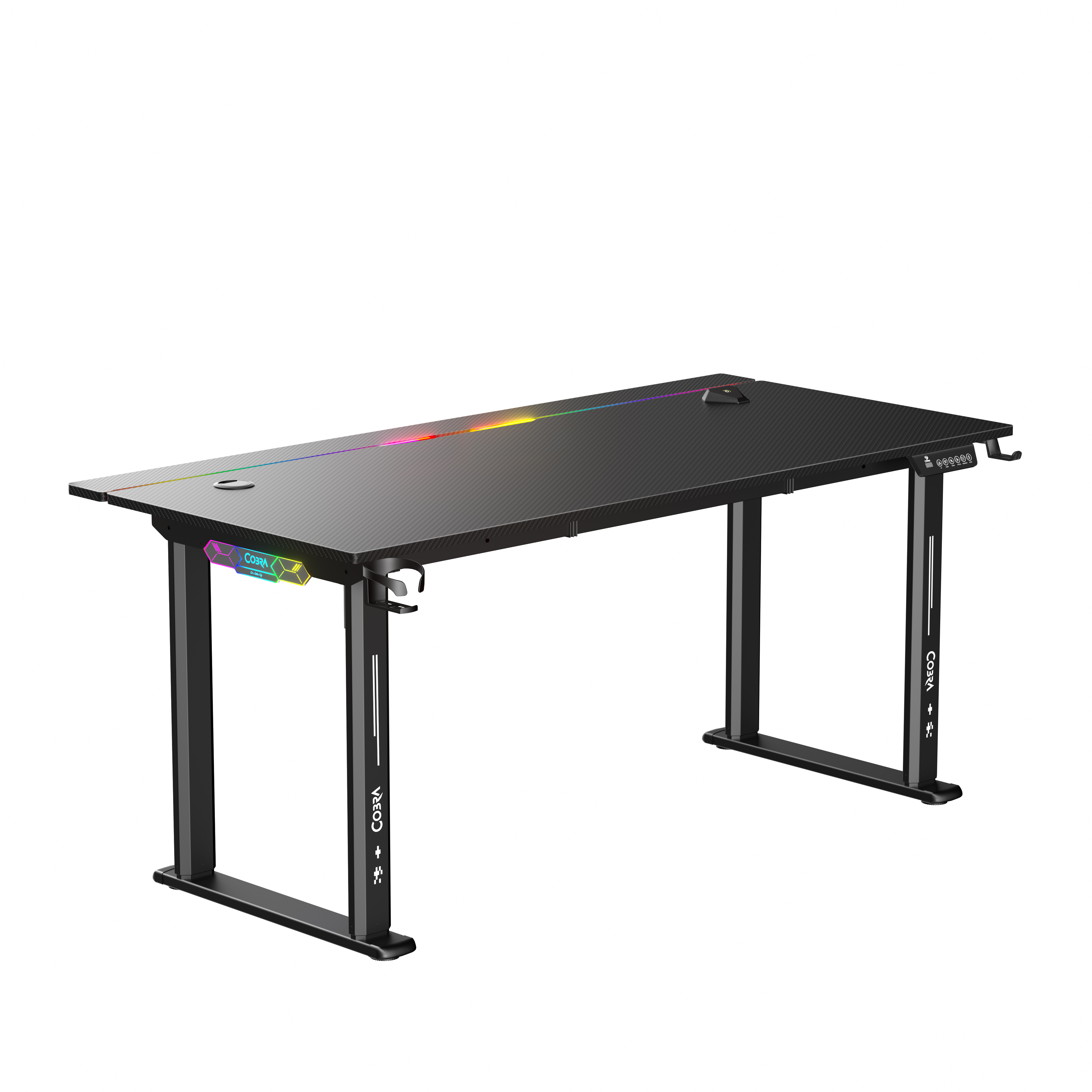 Czarny stół z wyglądem włókna węglowego i oświetleniem RGB.