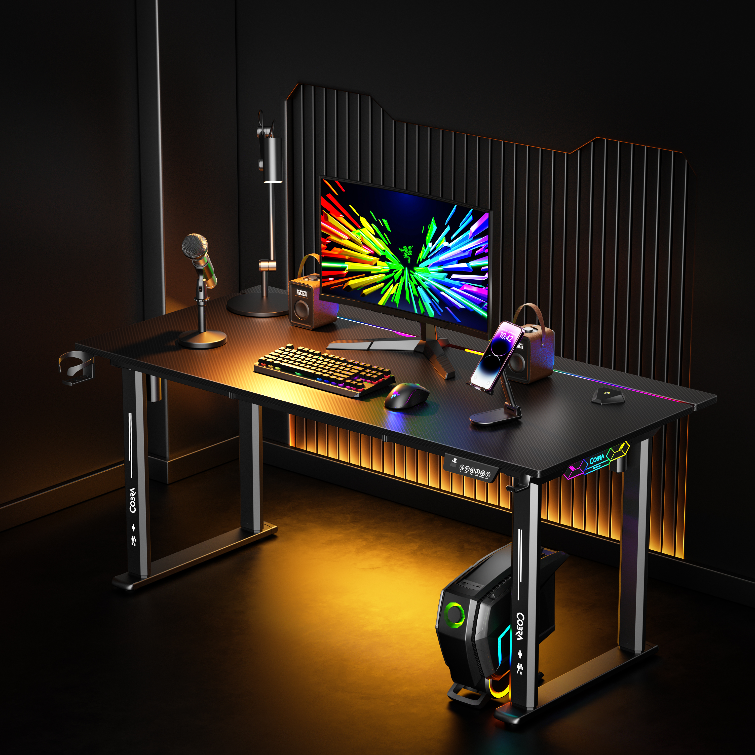 Biurko gamingowe z komputerem, monitorem, klawiaturą, myszą i mikrofonem.