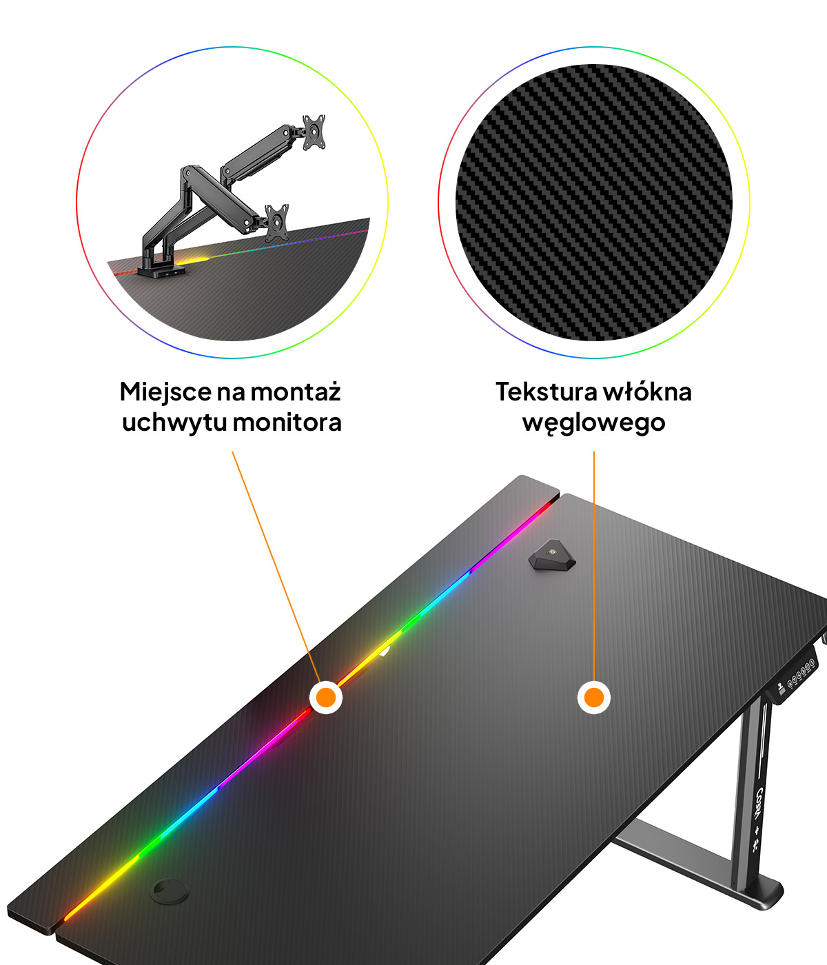 Czarny biurko z teksturą karbonu, oświetleniem RGB i mocowaniem ramienia monitora.