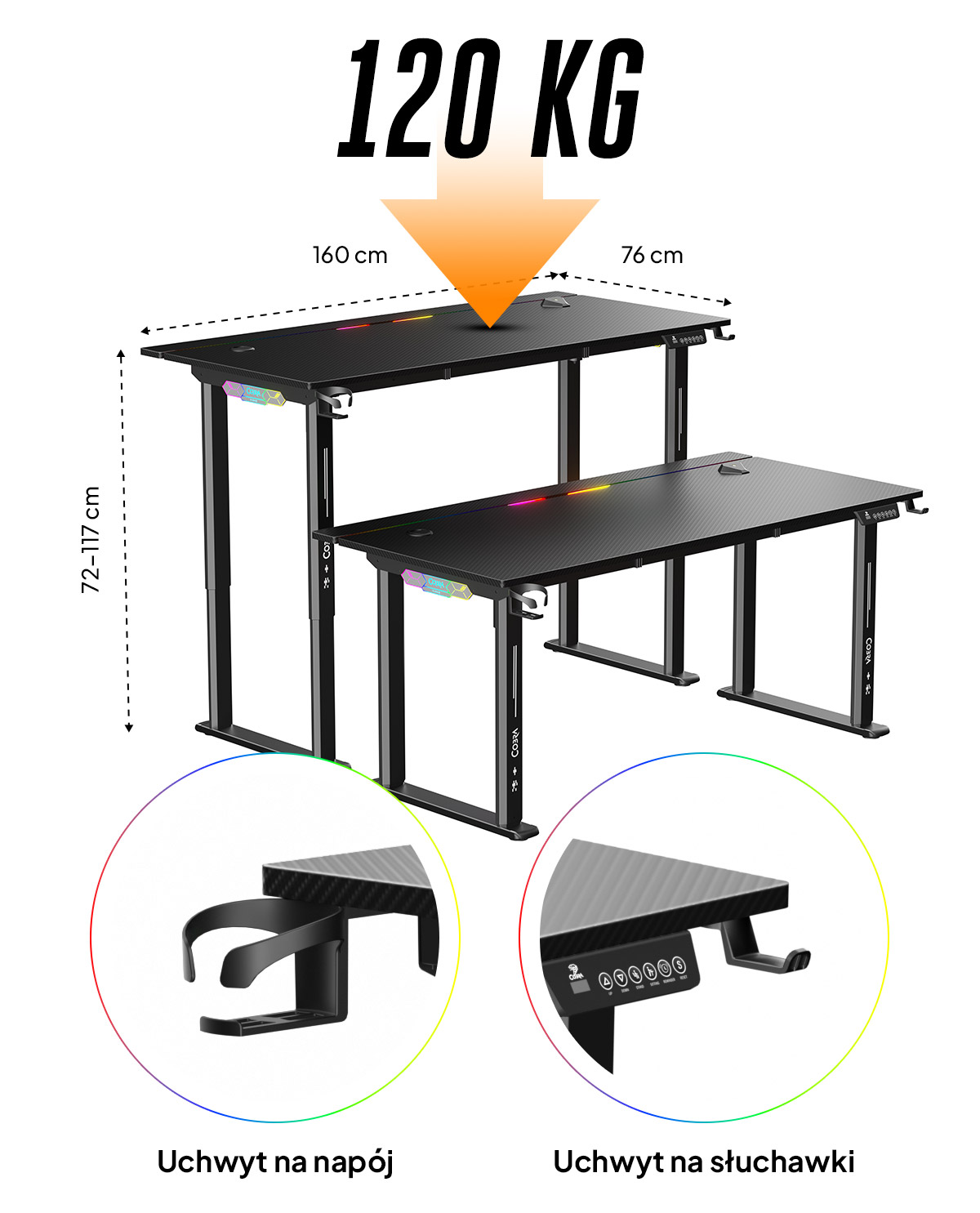 Dwa czarne biurka z oświetleniem RGB, wymiarami i udźwigiem.